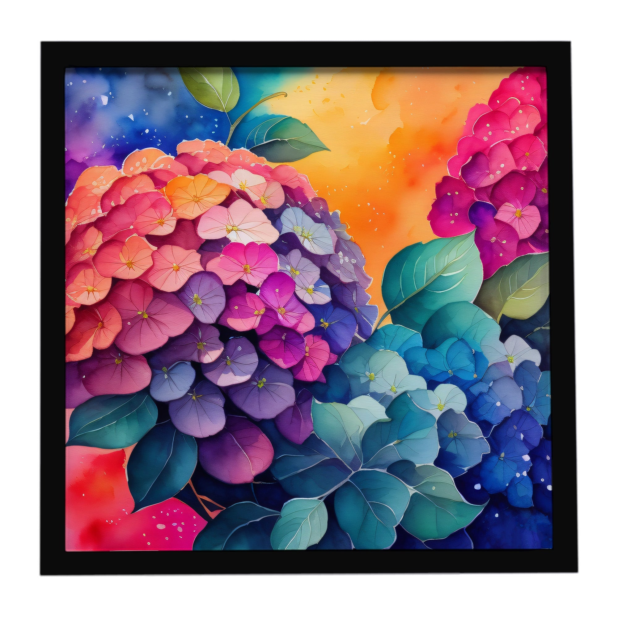 Colorful Hydrangeas Framed Metal Print Bathroom, Kitchen, Office, Home Decor Wall Art Ready to Hang, Square, 8X8