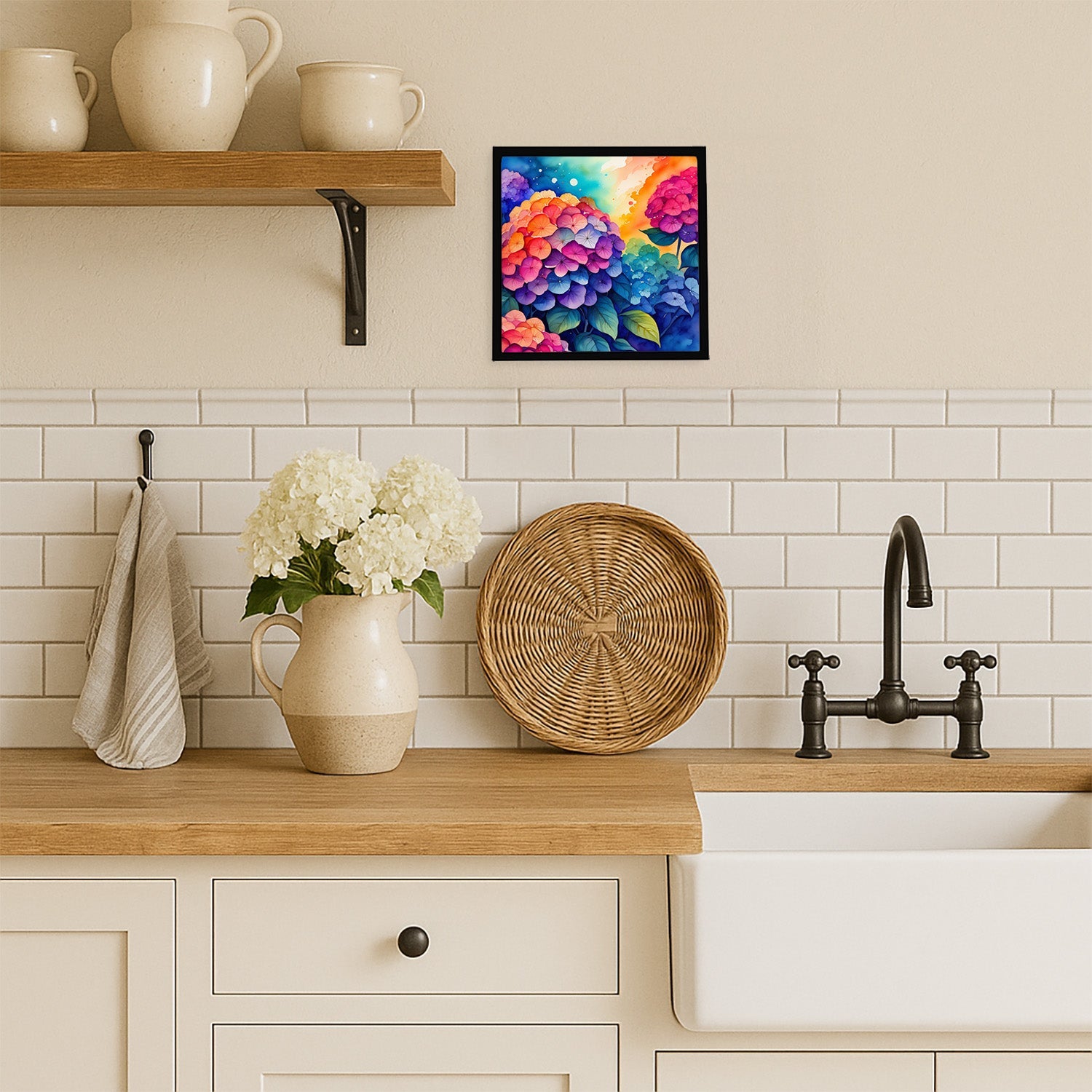 Colorful Hydrangeas Framed Metal Print Bathroom, Kitchen, Office, Home Decor Wall Art Ready to Hang, Square, 8X8