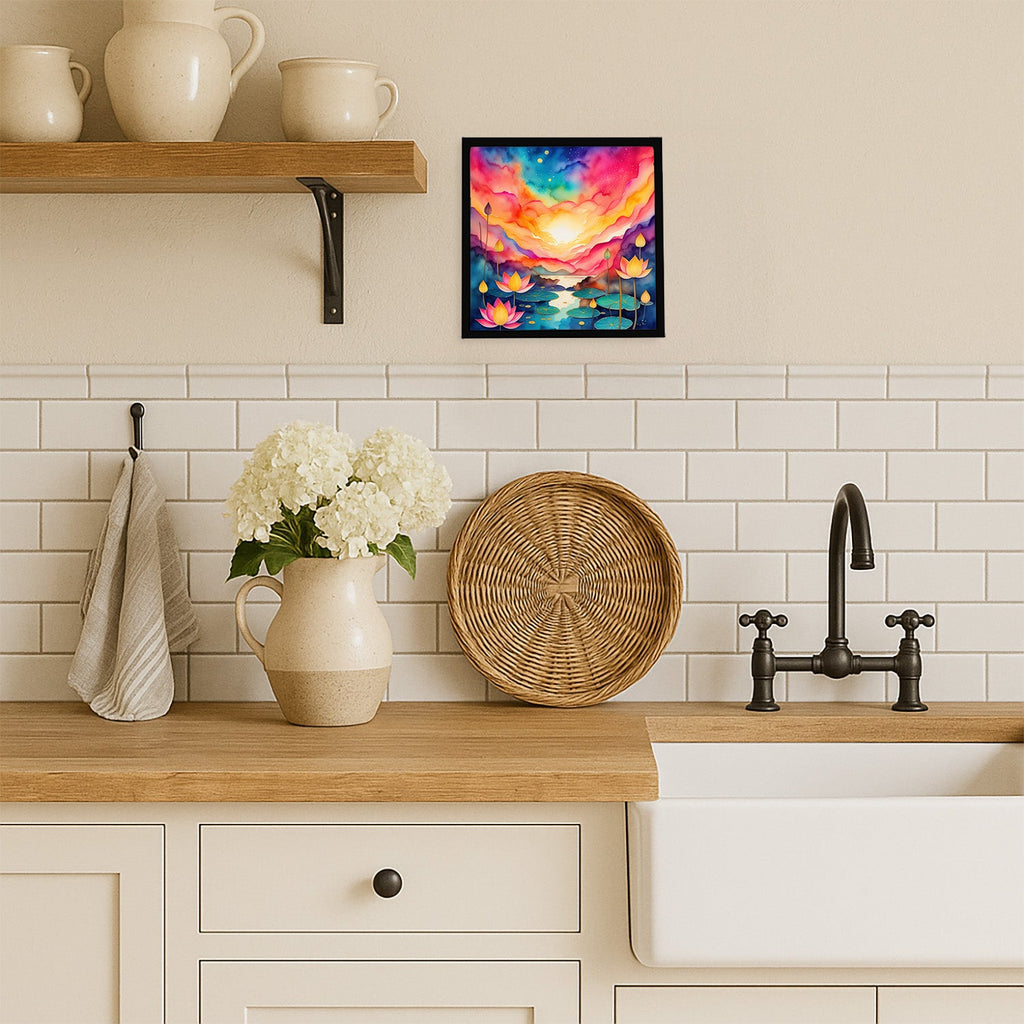 Colorful Lotus Framed Metal Print Bathroom, Kitchen, Office, Home Decor Wall Art Ready to Hang, Square, 8X8
