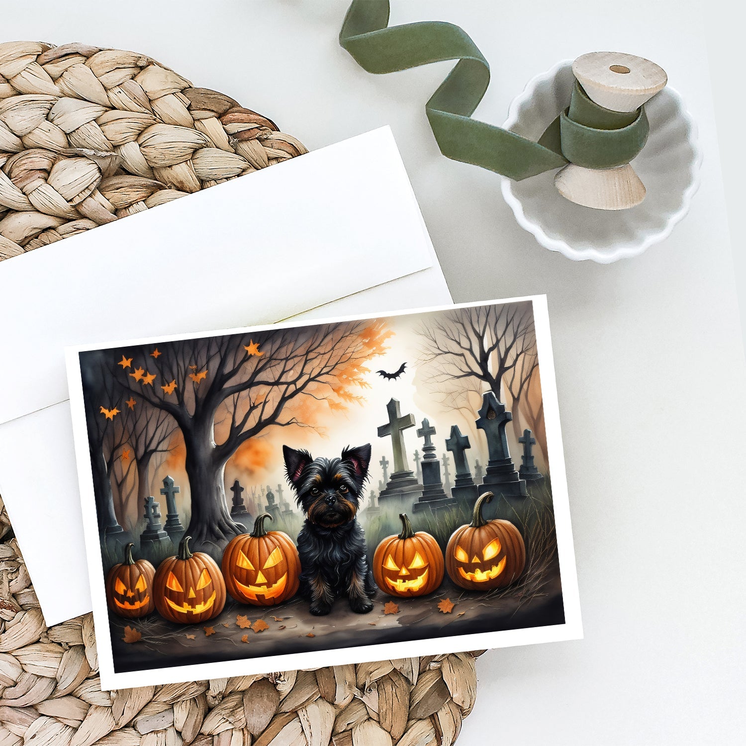 Affenpinscher Spooky Halloween Greeting Cards Pack of 8 Blank Cards with Envelopes Whimsical A7 Size 5x7