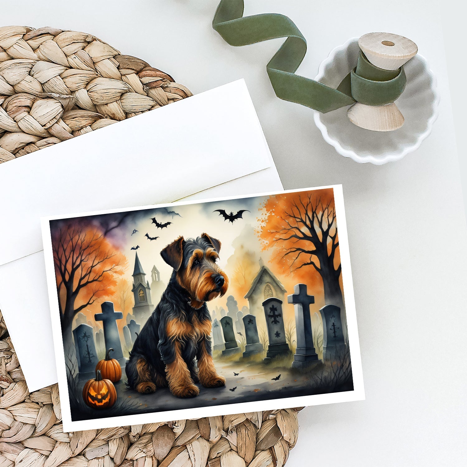 Airedale Terrier Spooky Halloween Greeting Cards Pack of 8 Blank Cards with Envelopes Whimsical A7 Size 5x7