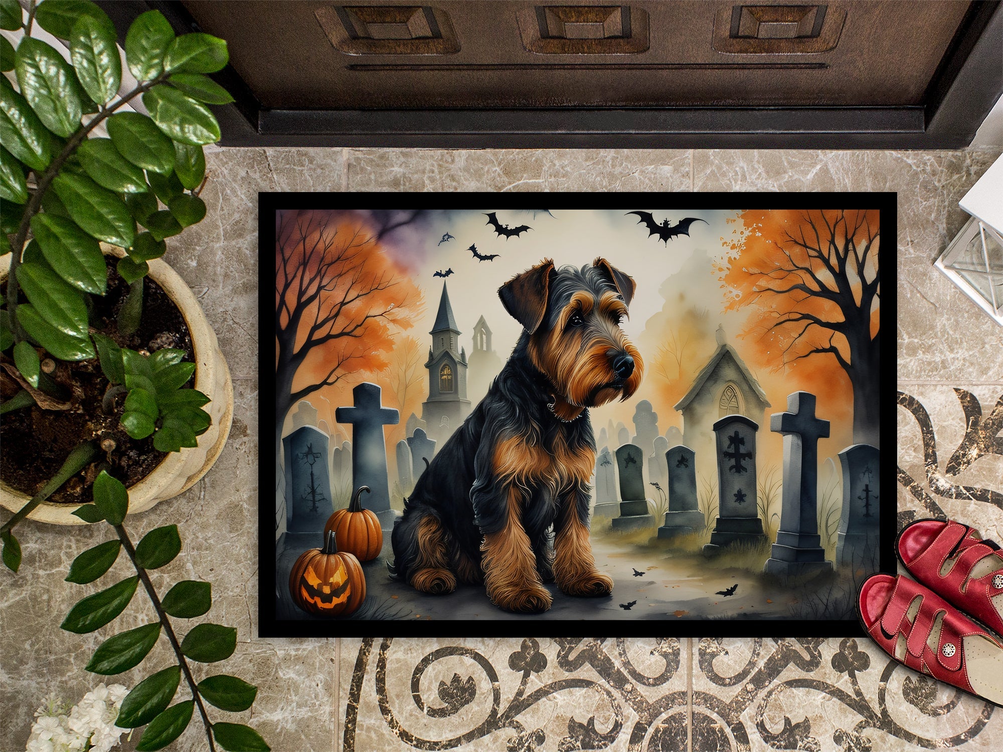 Airedale Terrier Spooky Halloween Doormat Indoor Outdoor 18H X 27W Front Door Mat Rugs for Entryway, Non Slip Washable