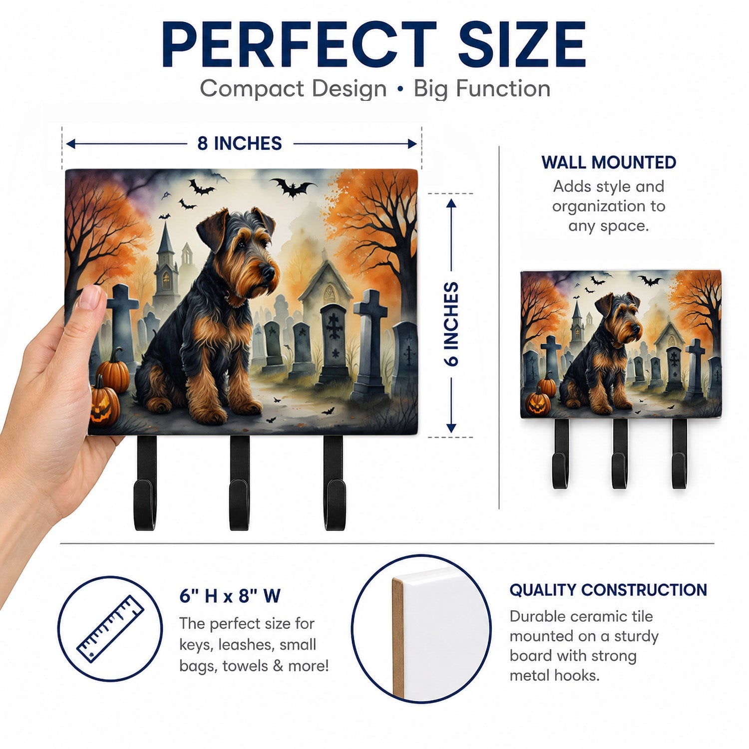 Airedale Terrier Spooky Halloween Leash or Key Holder Wall Hooks, Coat Rack Wall Mount, for Hanging Keys, Towels, Aprons, Leashes