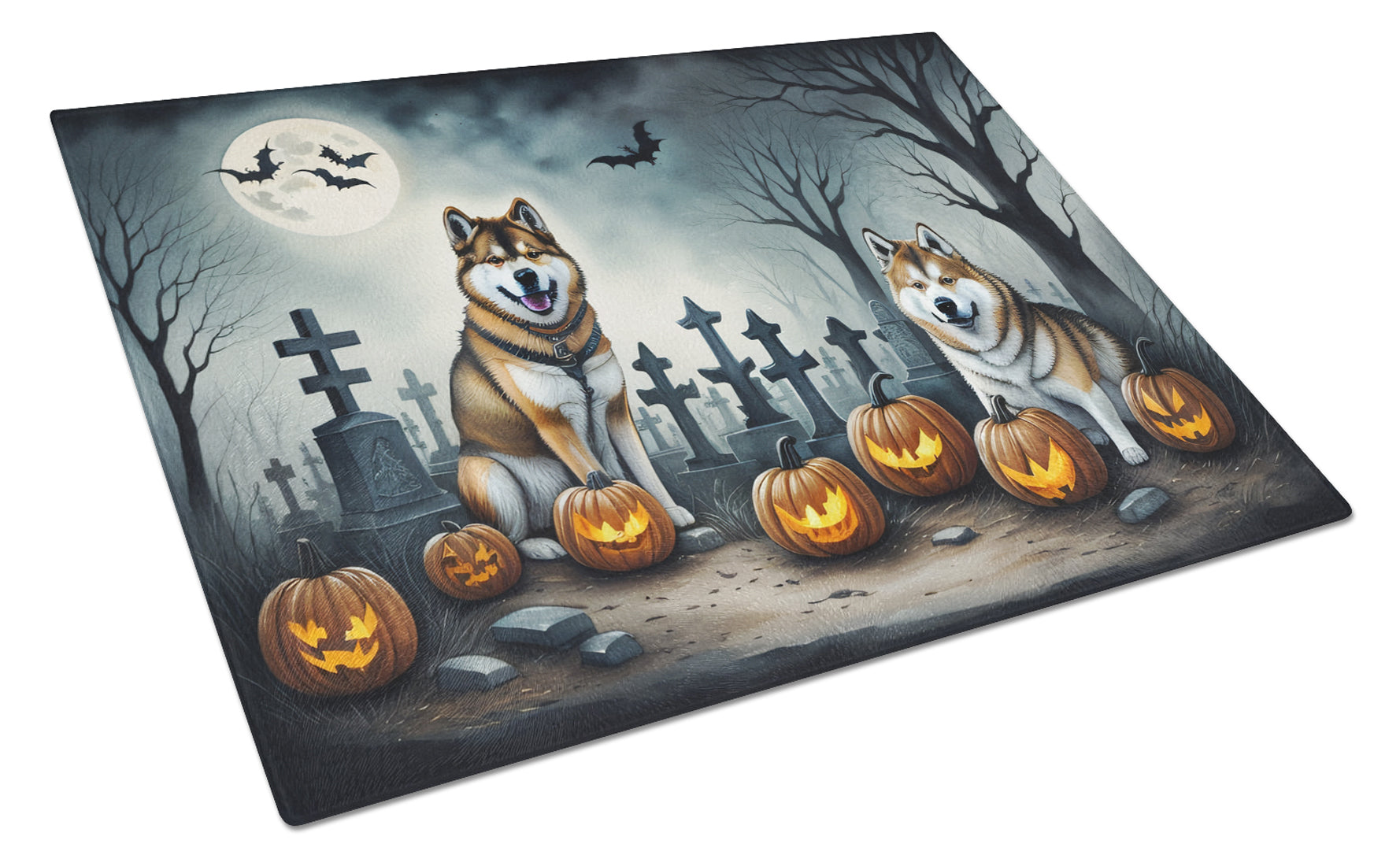 Akita Spooky Halloween Cutting Board Tempered Glass Kitchen Cutting Surface, Heat Resistant Chopping, Non-Slip Feet, Food Prep & Serving