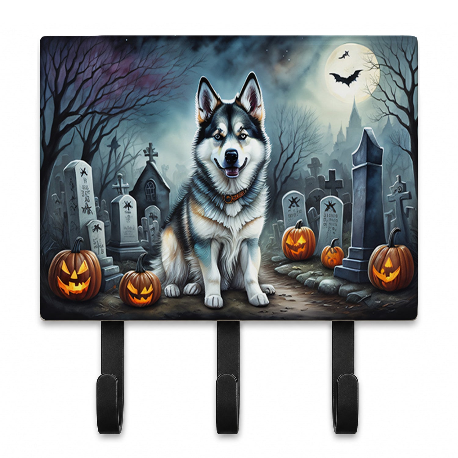 Alaskan Malamute Spooky Halloween Leash or Key Holder Wall Hooks, Coat Rack Wall Mount, for Hanging Keys, Towels, Aprons, Leashes