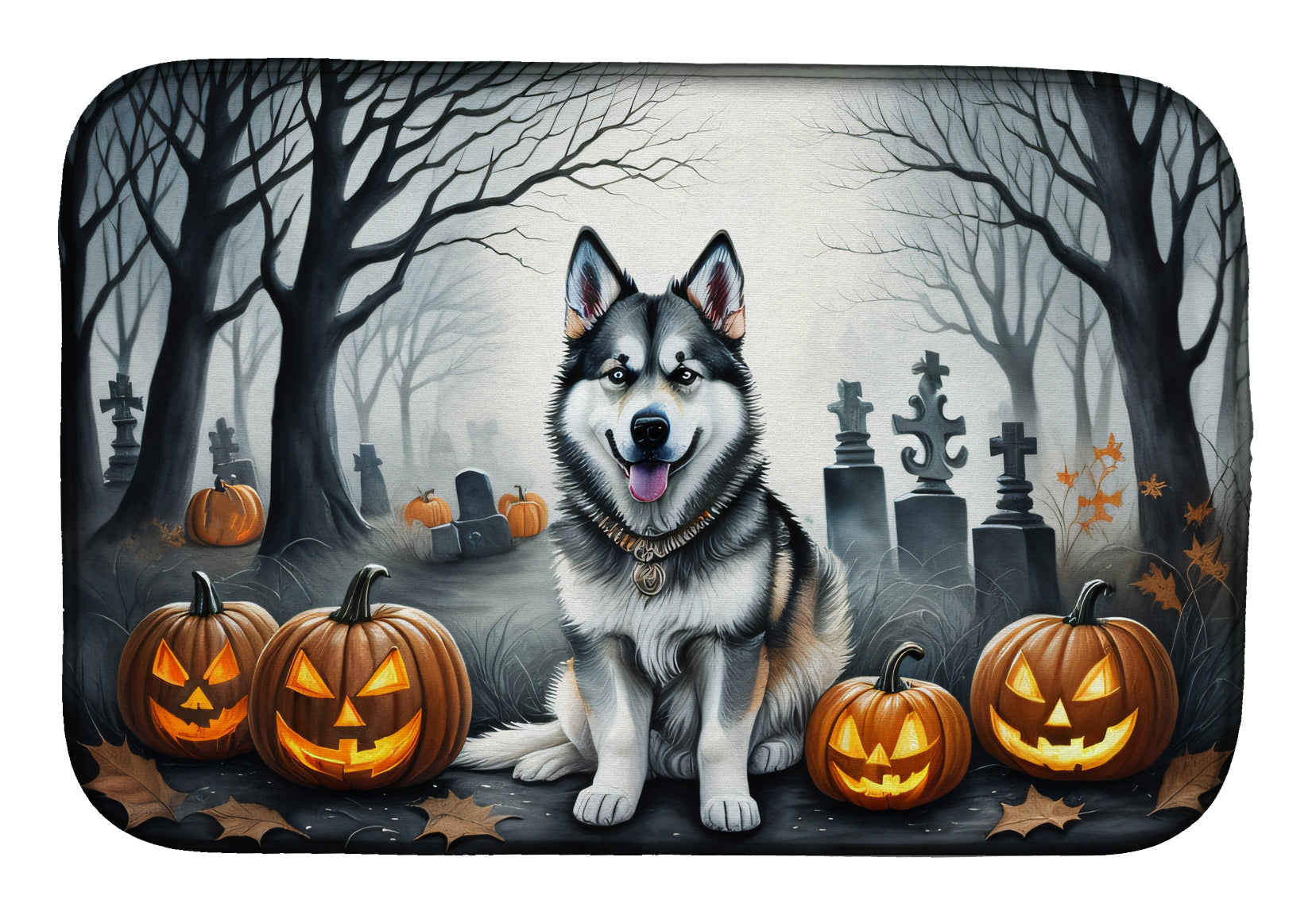 Alaskan Malamute Spooky Halloween Dish Drying Mat Absorbent Dish Drying Mat Pad for Kitchen Counter Dish Drainer Mat for Countertop, 14 x 21", Multicolor