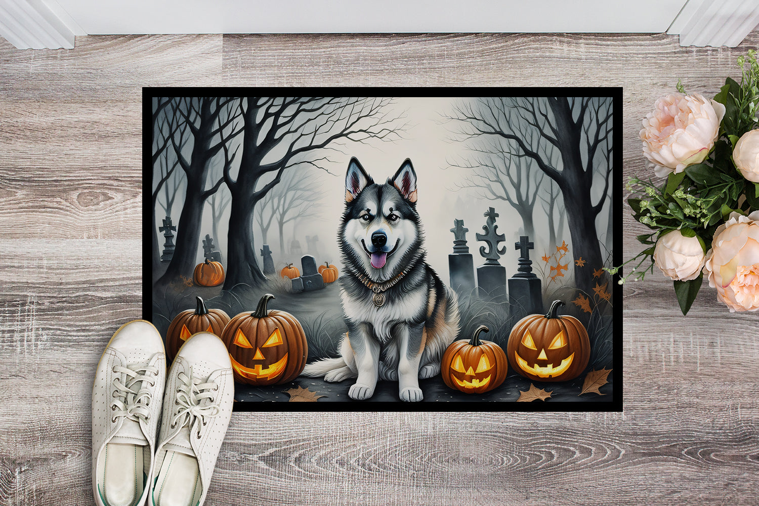 Alaskan Malamute Spooky Halloween Doormat Indoor Outdoor 18H X 27W Front Door Mat Rugs for Entryway, Non Slip Washable