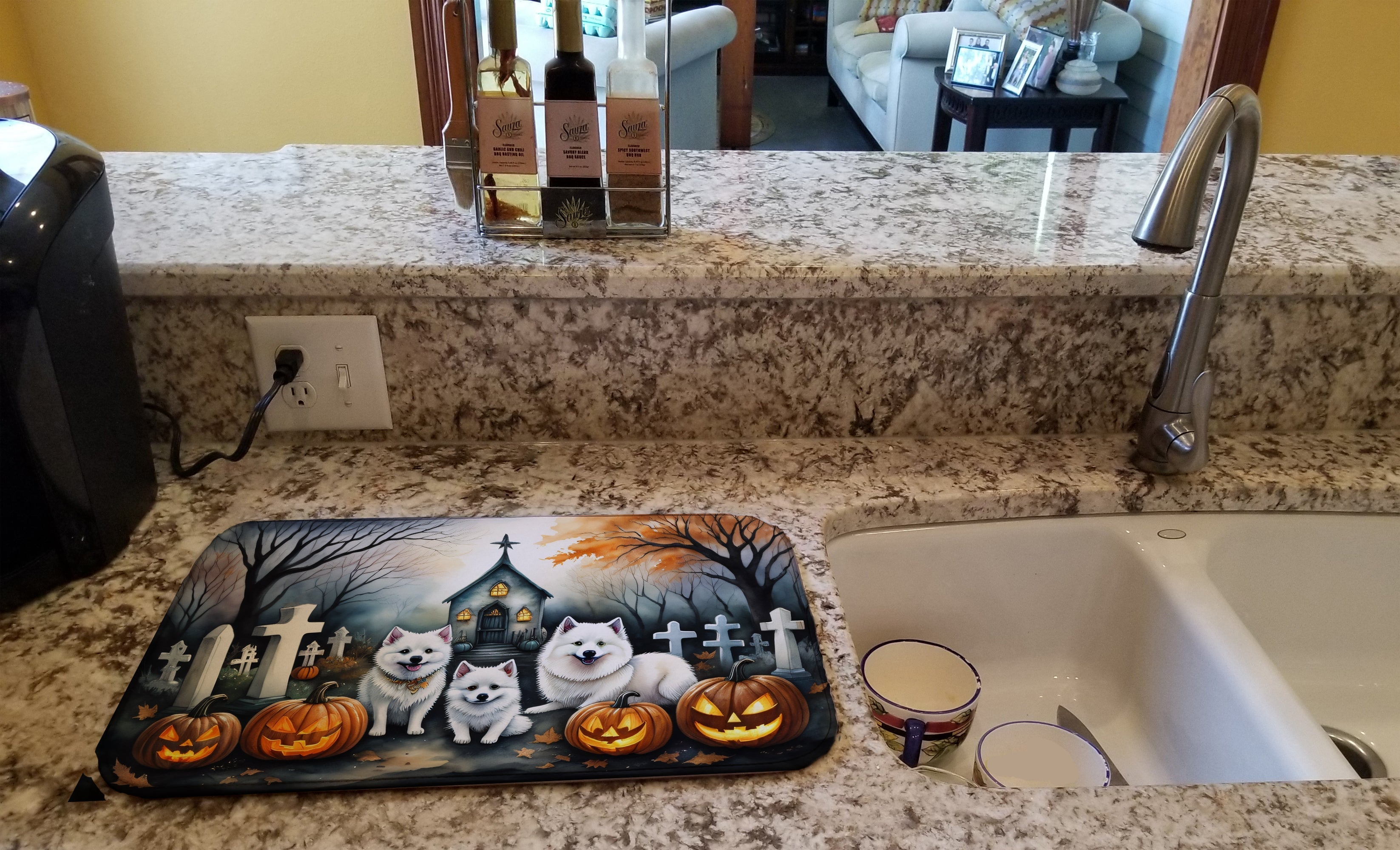 American Eskimo Spooky Halloween Dish Drying Mat Absorbent Dish Drying Mat Pad for Kitchen Counter Dish Drainer Mat for Countertop, 14 x 21", Multicolor