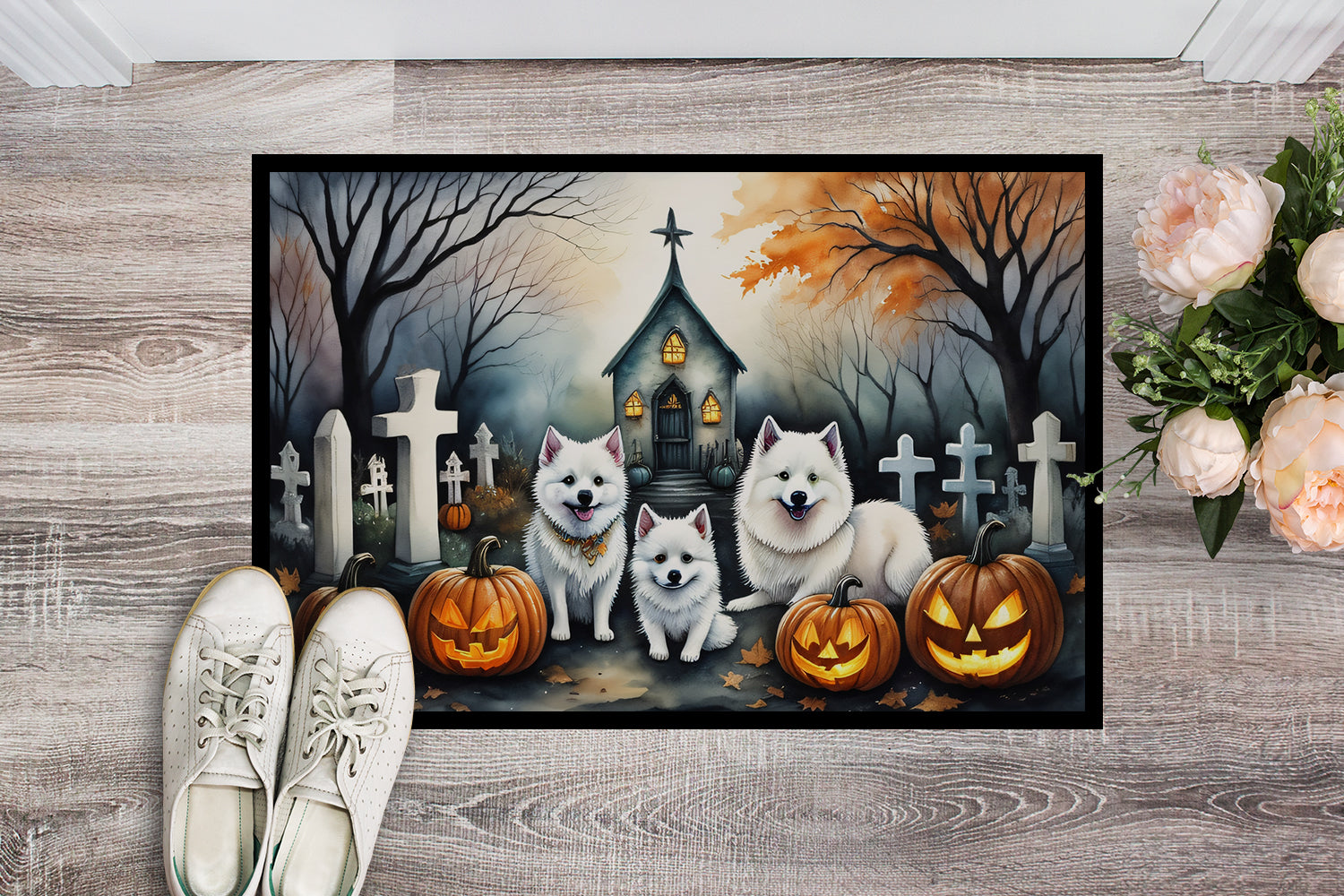 American Eskimo Spooky Halloween Doormat Indoor Outdoor 24H X 36W Front Door Mat Rugs for Entryway, Non Slip Washable Low Pile,