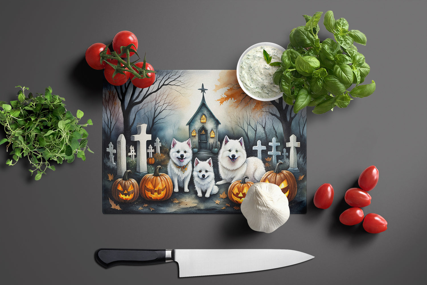 American Eskimo Spooky Halloween Cutting Board Tempered Glass Kitchen Cutting Surface, Heat Resistant Chopping, Non-Slip Feet, Food Prep & Serving