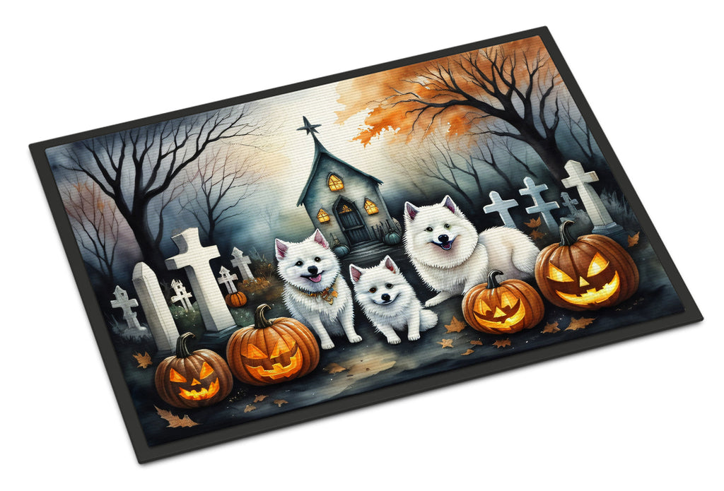 American Eskimo Spooky Halloween Doormat Indoor Outdoor 18H X 27W Front Door Mat Rugs for Entryway, Non Slip Washable