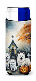 American Eskimo Spooky Halloween Slim Can Hugger , Insulated Foam Hugger for 12 oz Slim Cans, Beer Bottles & Water Bottles, Printed in USA