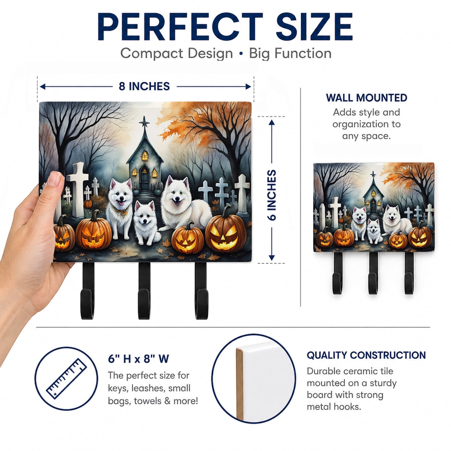 American Eskimo Spooky Halloween Leash or Key Holder Wall Hooks, Coat Rack Wall Mount, for Hanging Keys, Towels, Aprons, Leashes
