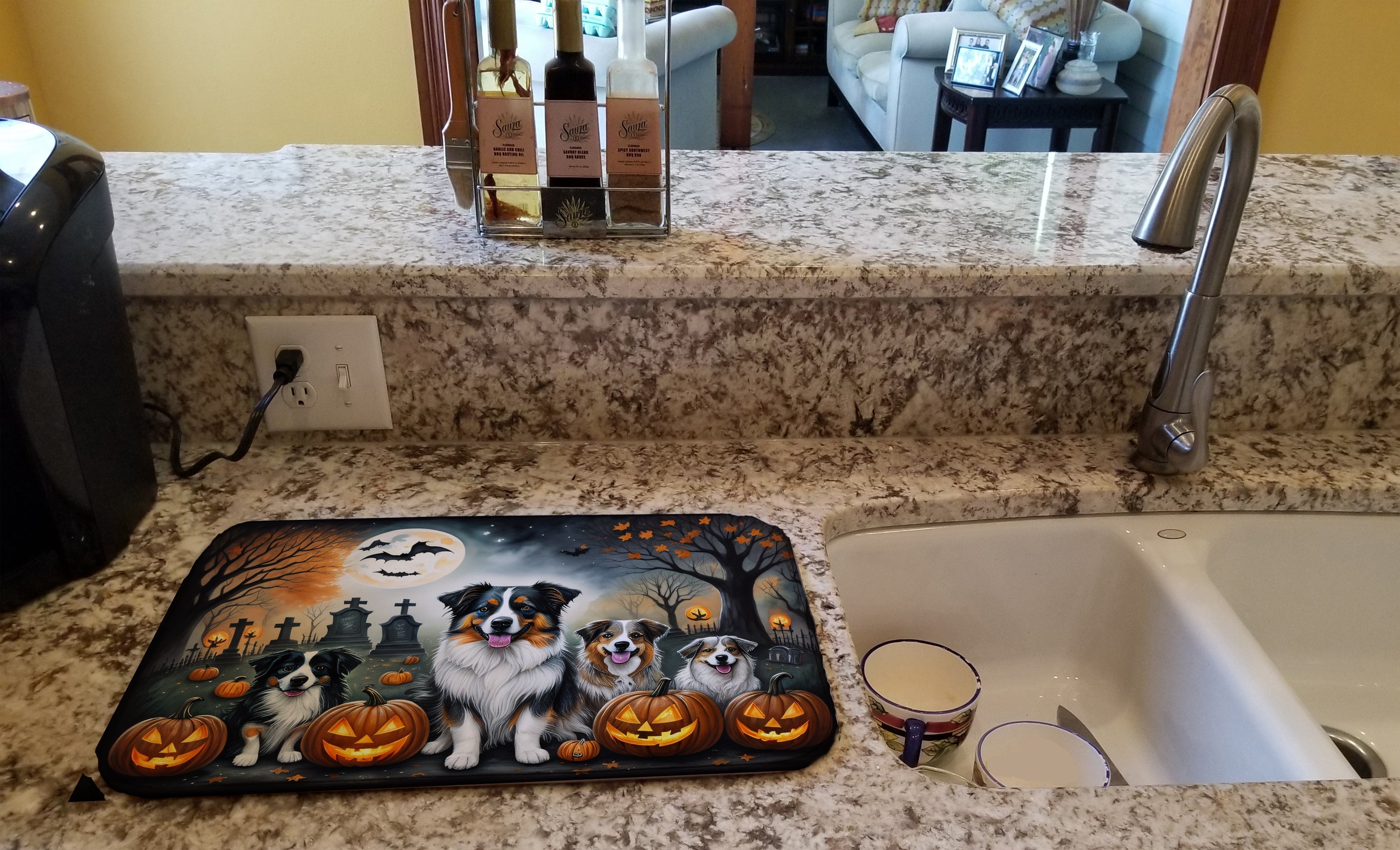 Australian Shepherd Spooky Halloween Dish Drying Mat Absorbent Dish Drying Mat Pad for Kitchen Counter Dish Drainer Mat for Countertop, 14 x 21", Multicolor