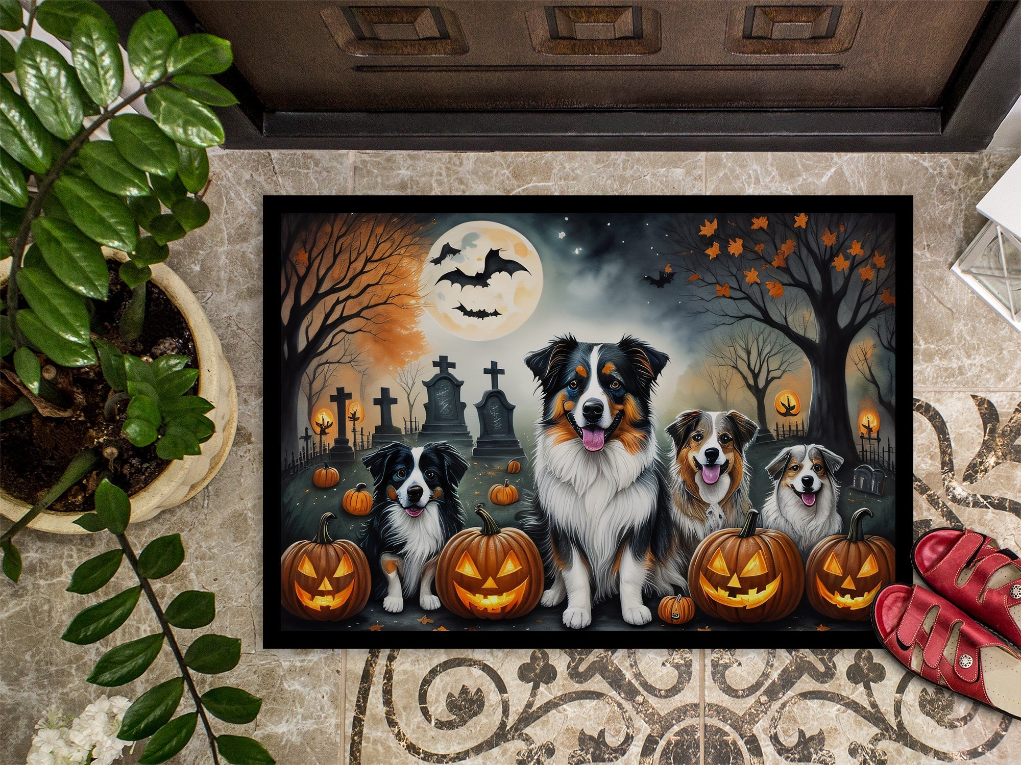 Australian Shepherd Spooky Halloween Doormat Indoor Outdoor 24H X 36W Front Door Mat Rugs for Entryway, Non Slip Washable Low Pile,