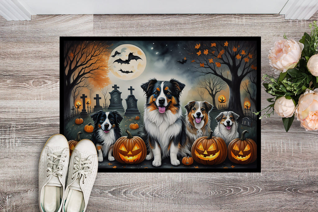 Australian Shepherd Spooky Halloween Doormat Indoor Outdoor 18H X 27W Front Door Mat Rugs for Entryway, Non Slip Washable
