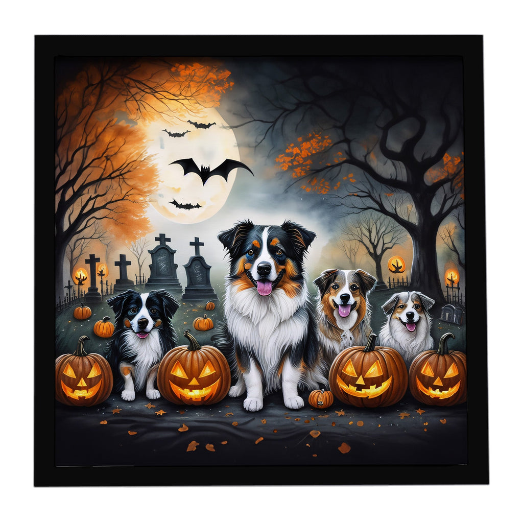 Australian Shepherd Spooky Halloween Framed Metal Print Bathroom, Kitchen, Office, Home Decor Wall Art Ready to Hang, Square, 8X8