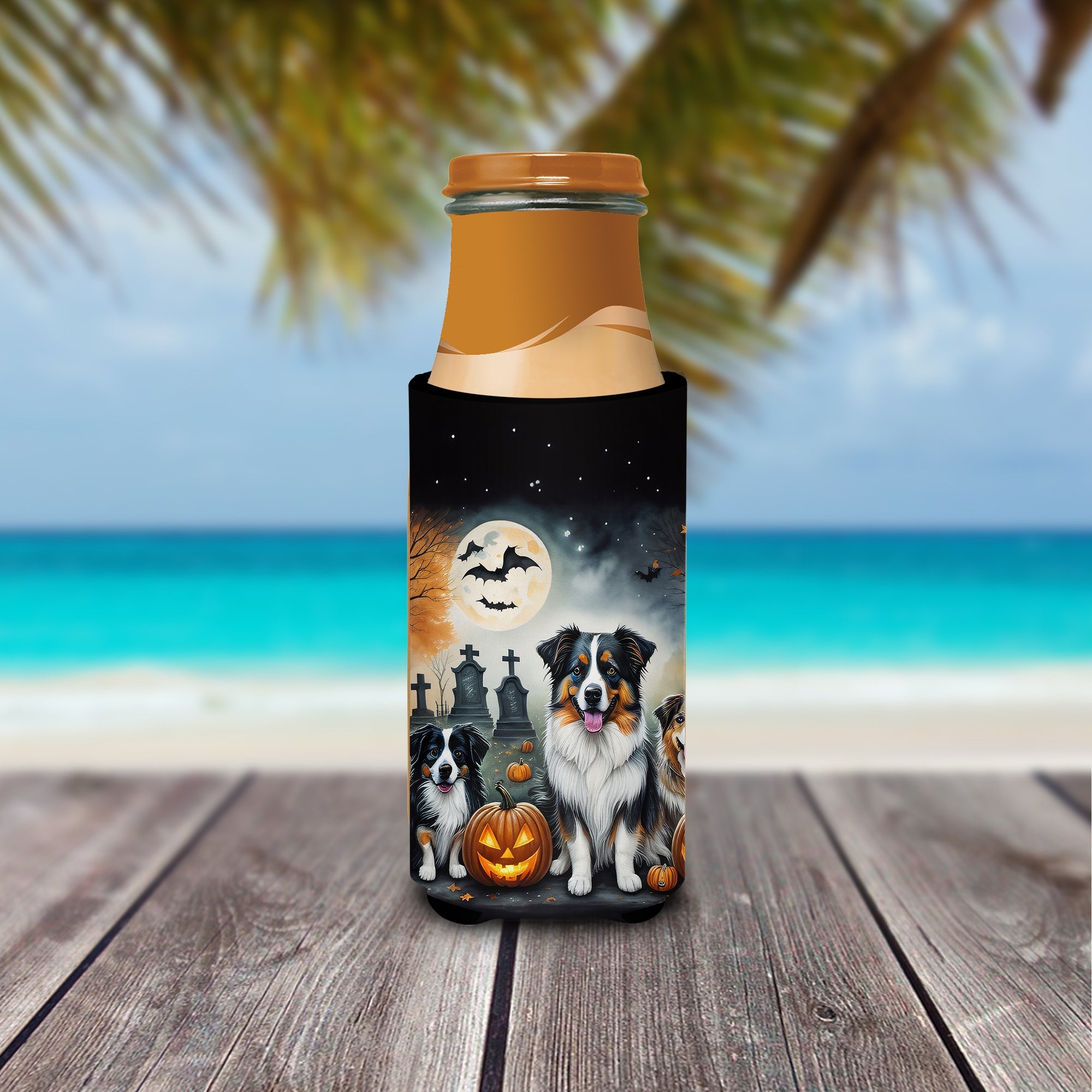 Australian Shepherd Spooky Halloween Slim Can Hugger , Insulated Foam Hugger for 12 oz Slim Cans, Beer Bottles & Water Bottles, Printed in USA