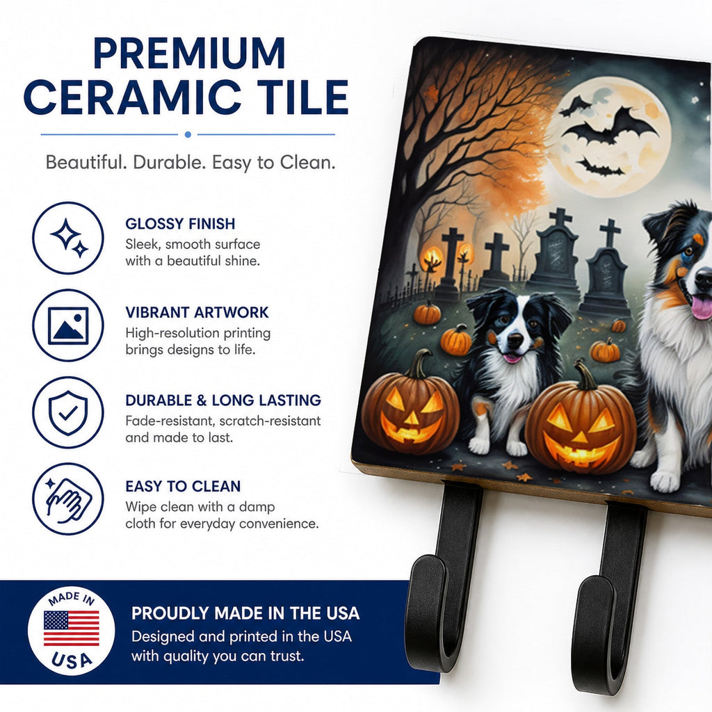Australian Shepherd Spooky Halloween Leash or Key Holder Wall Hooks, Coat Rack Wall Mount, for Hanging Keys, Towels, Aprons, Leashes