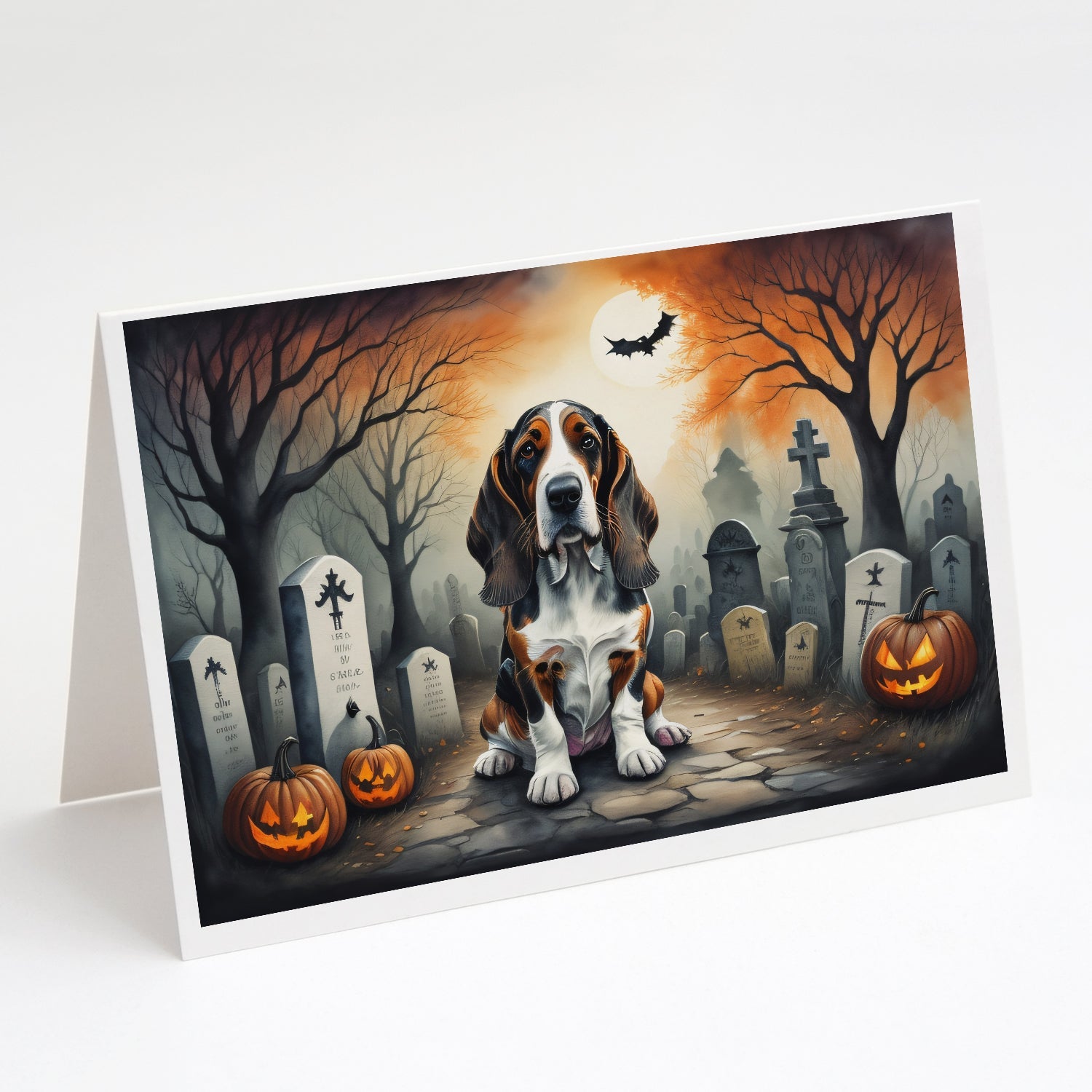 Basset Hound Spooky Halloween Greeting Cards Pack of 8 Blank Cards with Envelopes Whimsical A7 Size 5x7