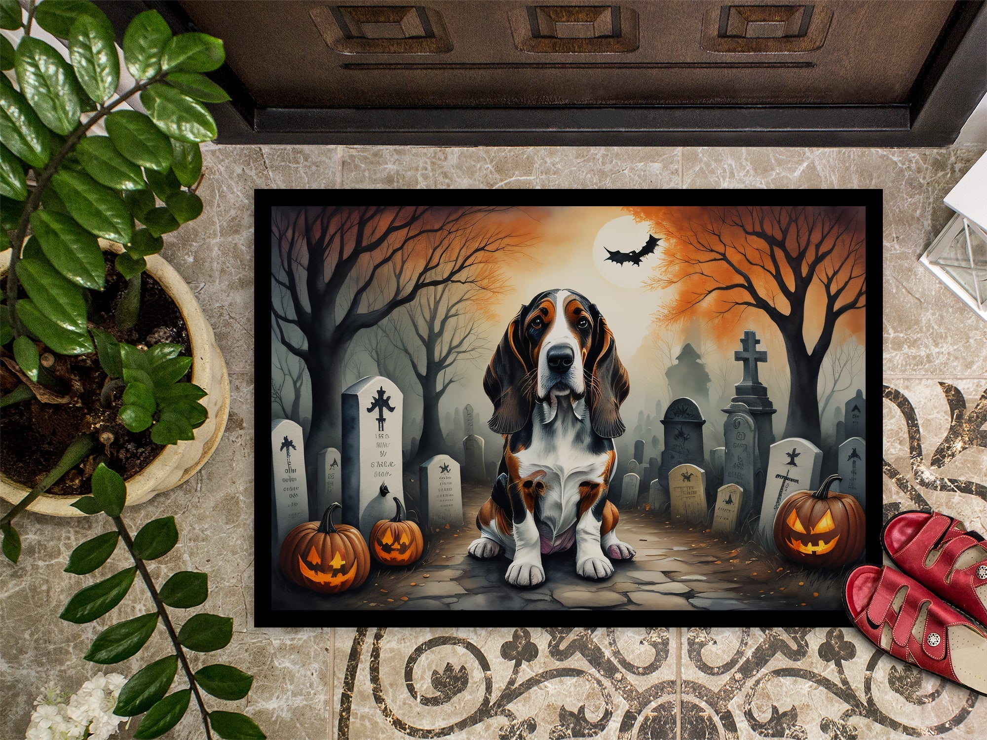 Basset Hound Spooky Halloween Doormat Indoor Outdoor 18H X 27W Front Door Mat Rugs for Entryway, Non Slip Washable