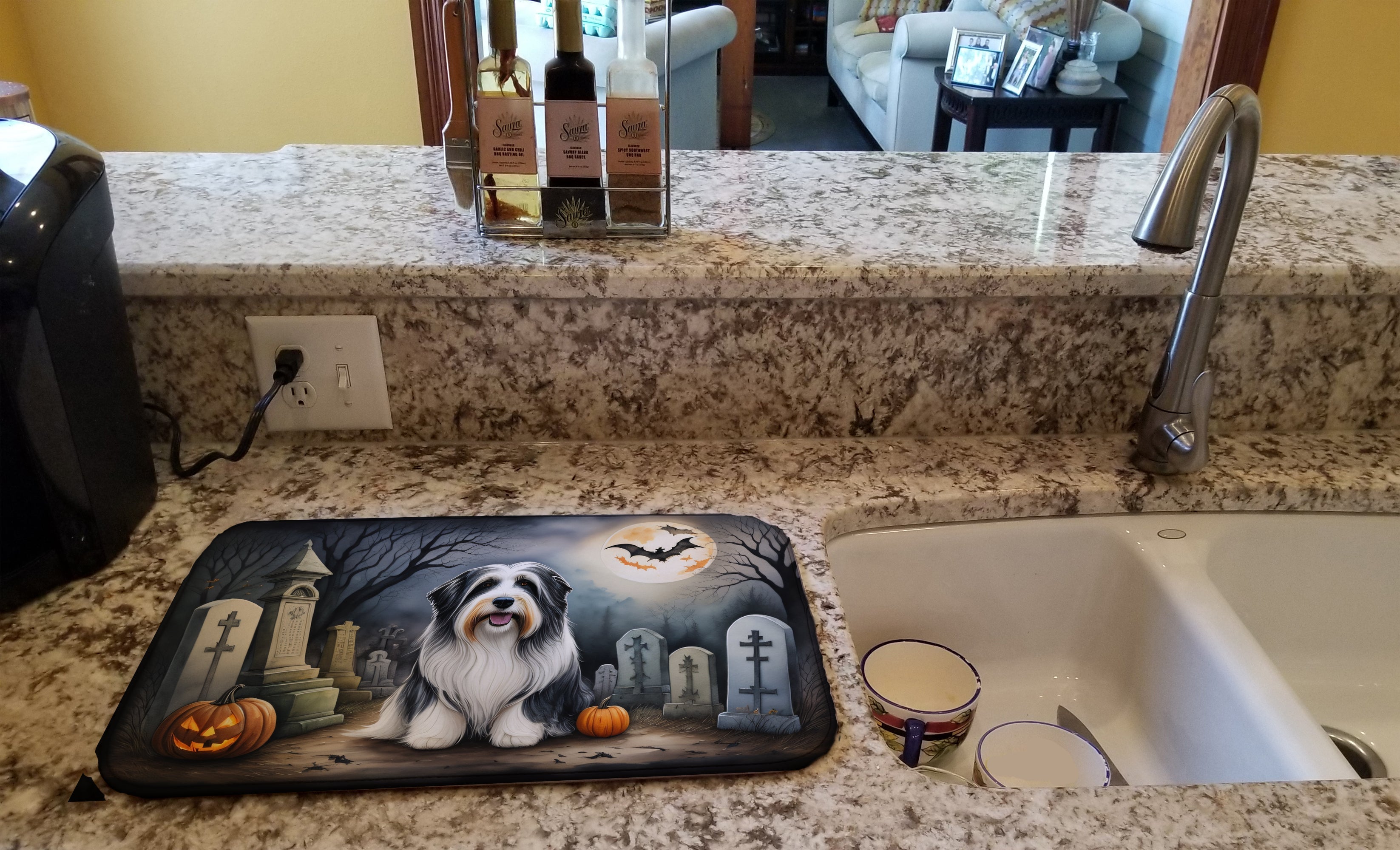 Bearded Collie Spooky Halloween Dish Drying Mat Absorbent Dish Drying Mat Pad for Kitchen Counter Dish Drainer Mat for Countertop, 14 x 21", Multicolor