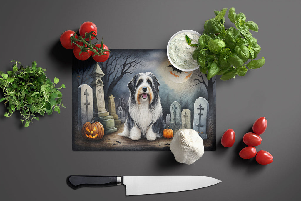 Bearded Collie Spooky Halloween Cutting Board Tempered Glass Kitchen Cutting Surface, Heat Resistant Chopping, Non-Slip Feet, Food Prep & Serving