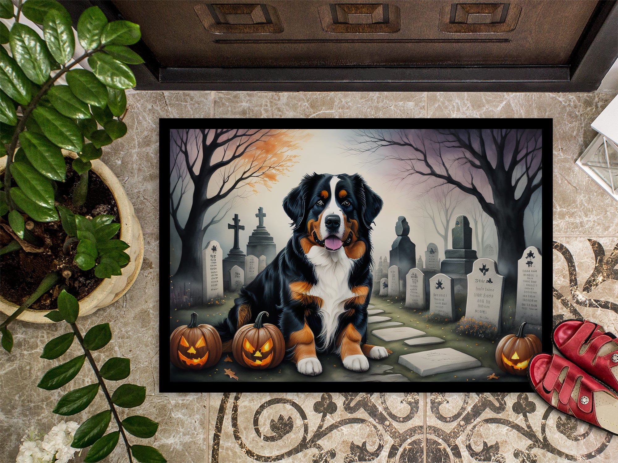 Bernese Mountain Dog Spooky Halloween Doormat Indoor Outdoor 24H X 36W Front Door Mat Rugs for Entryway, Non Slip Washable Low Pile,