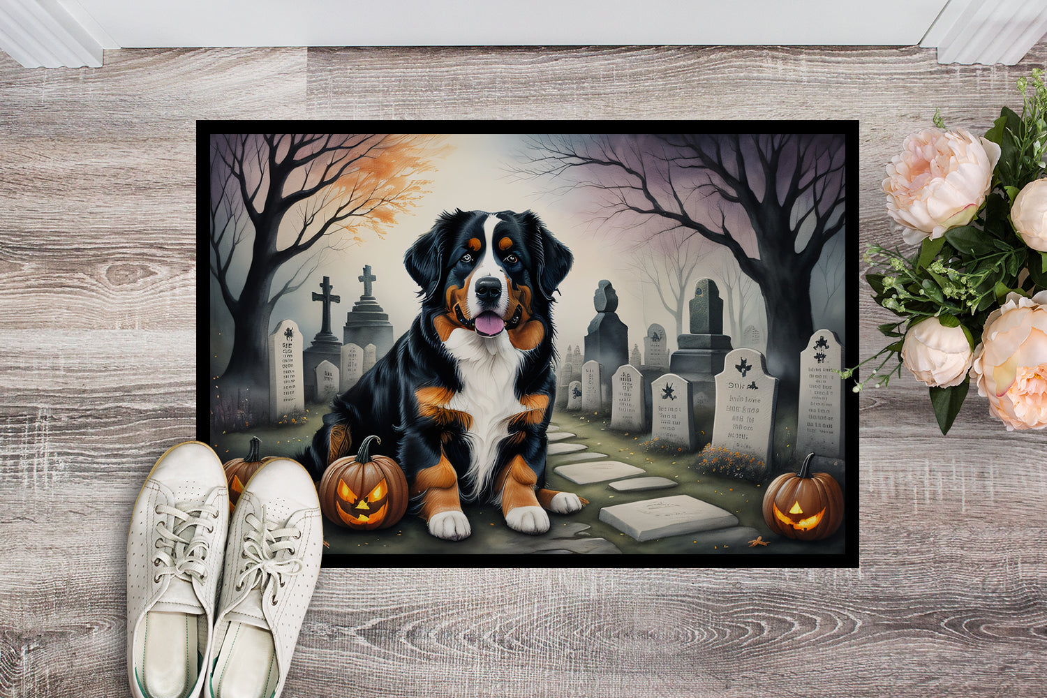 Bernese Mountain Dog Spooky Halloween Doormat Indoor Outdoor 18H X 27W Front Door Mat Rugs for Entryway, Non Slip Washable