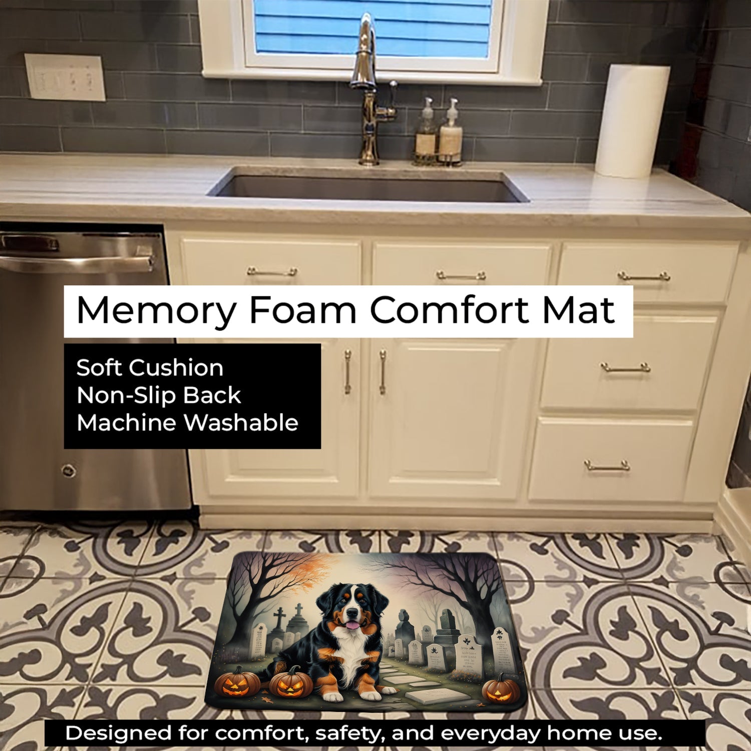 Bernese Mountain Dog Spooky Halloween Memory Foam Kitchen Mat Machine Washable Anti-Fatigue Cushion Comfort Bath or Kitchen Rug