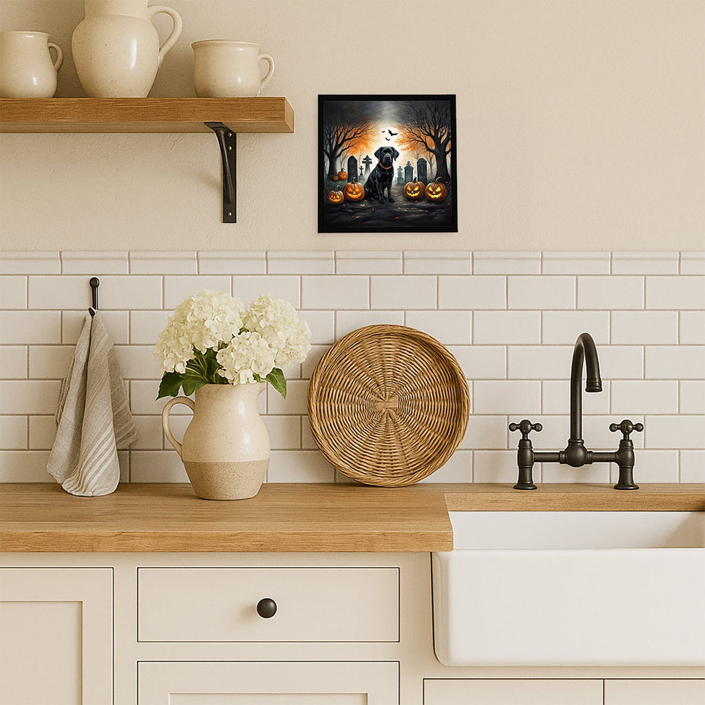 Black Labrador Retriever Spooky Halloween Framed Metal Print Bathroom, Kitchen, Office, Home Decor Wall Art Ready to Hang, Square, 8X8