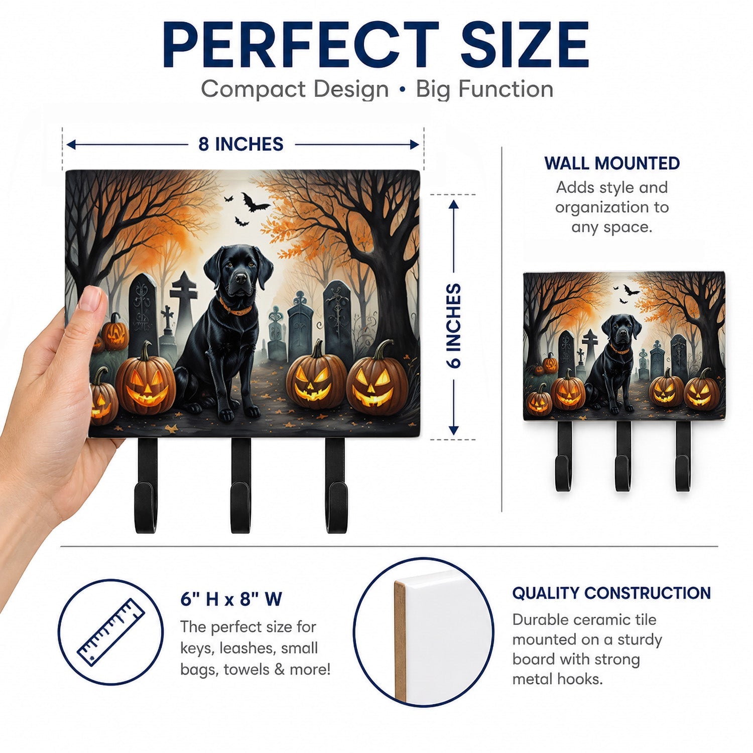 Black Labrador Retriever Spooky Halloween Leash or Key Holder Wall Hooks, Coat Rack Wall Mount, for Hanging Keys, Towels, Aprons, Leashes