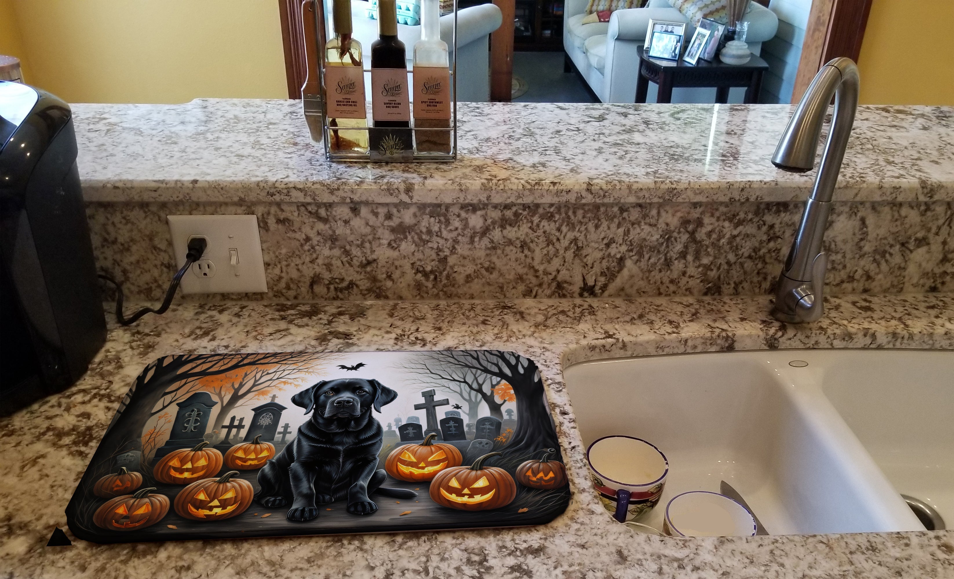 Black Labrador Retriever Spooky Halloween Dish Drying Mat Absorbent Dish Drying Mat Pad for Kitchen Counter Dish Drainer Mat for Countertop, 14 x 21", Multicolor