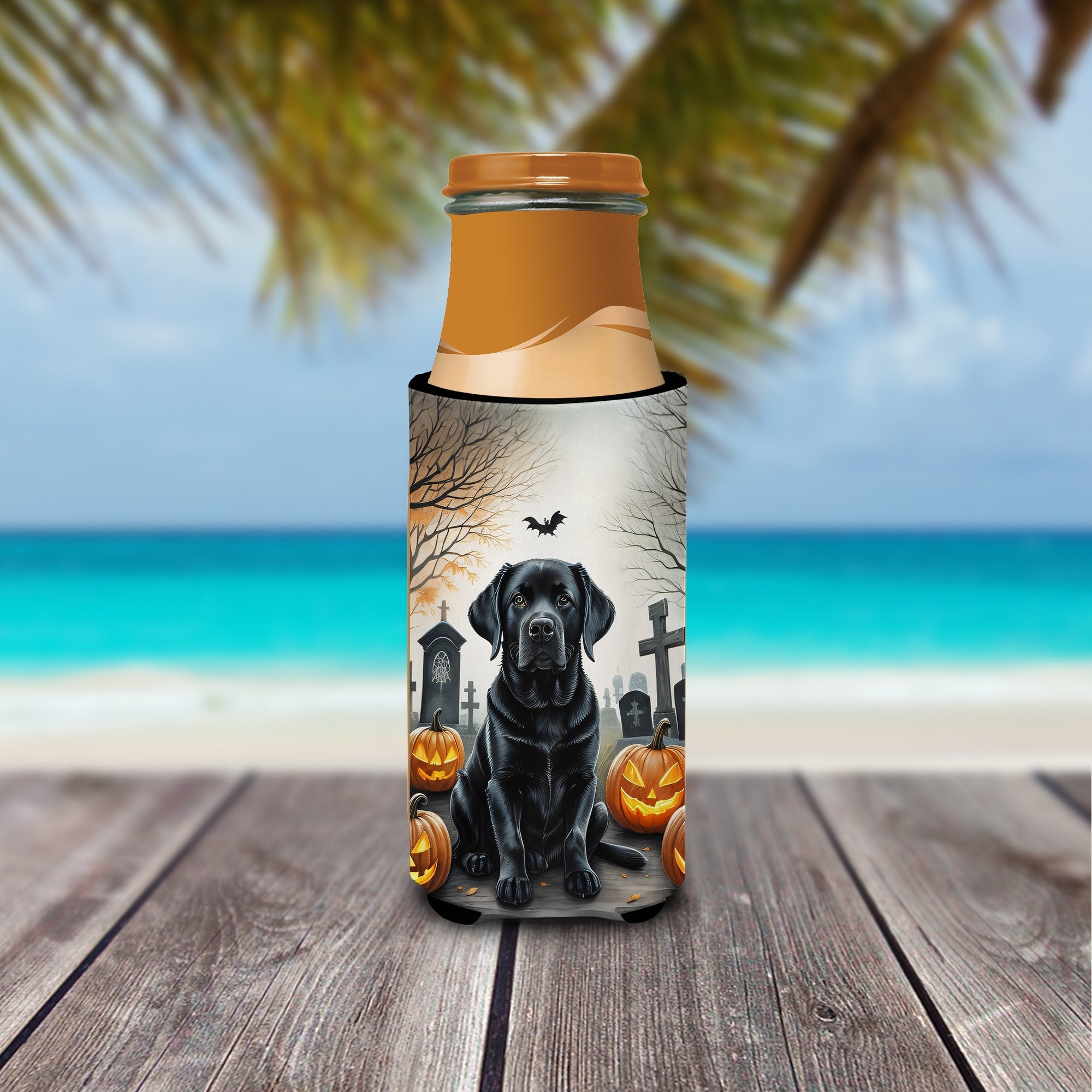 Black Labrador Retriever Spooky Halloween Slim Can Hugger , Insulated Foam Hugger for 12 oz Slim Cans, Beer Bottles & Water Bottles, Printed in USA