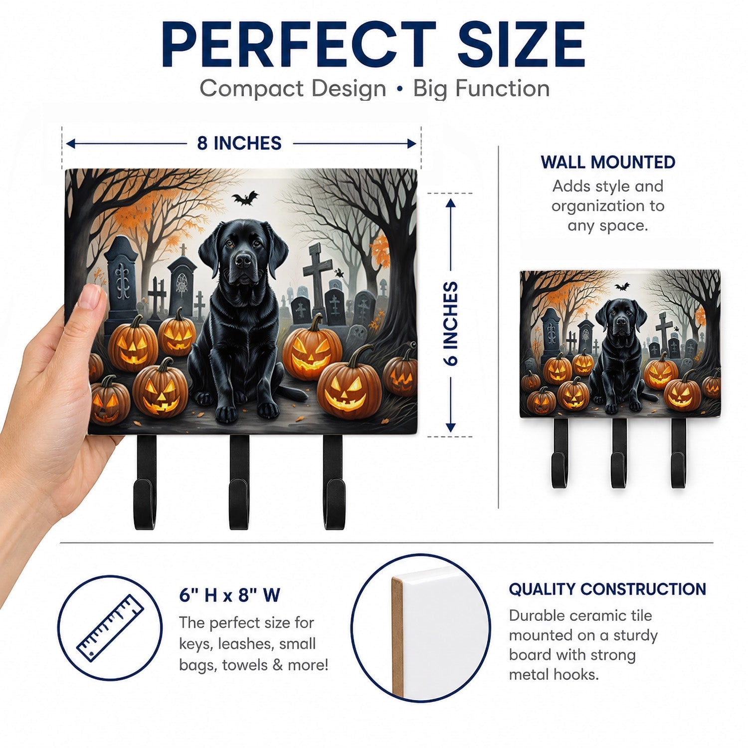Black Labrador Retriever Spooky Halloween Leash or Key Holder Wall Hooks, Coat Rack Wall Mount, for Hanging Keys, Towels, Aprons, Leashes