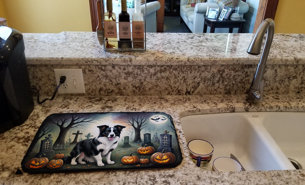 Border Collie Spooky Halloween Dish Drying Mat Absorbent Dish Drying Mat Pad for Kitchen Counter Dish Drainer Mat for Countertop, 14 x 21", Multicolor