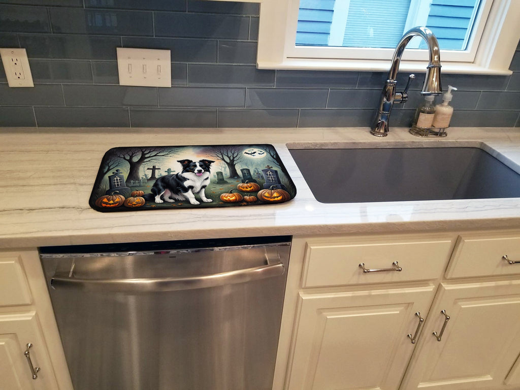 Border Collie Spooky Halloween Dish Drying Mat Absorbent Dish Drying Mat Pad for Kitchen Counter Dish Drainer Mat for Countertop, 14 x 21", Multicolor