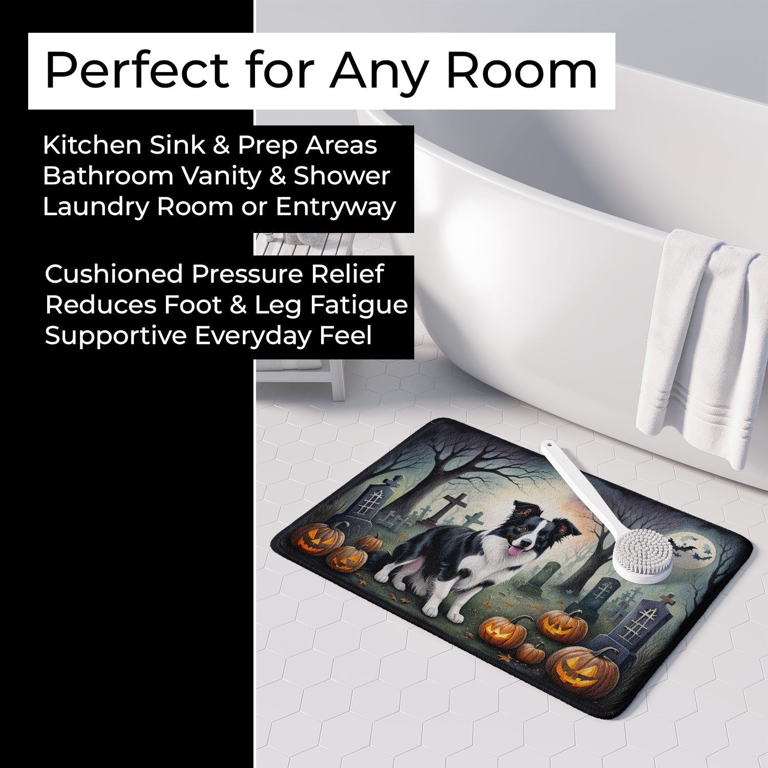 Border Collie Spooky Halloween Memory Foam Kitchen Mat Machine Washable Anti-Fatigue Cushion Comfort Bath or Kitchen Rug
