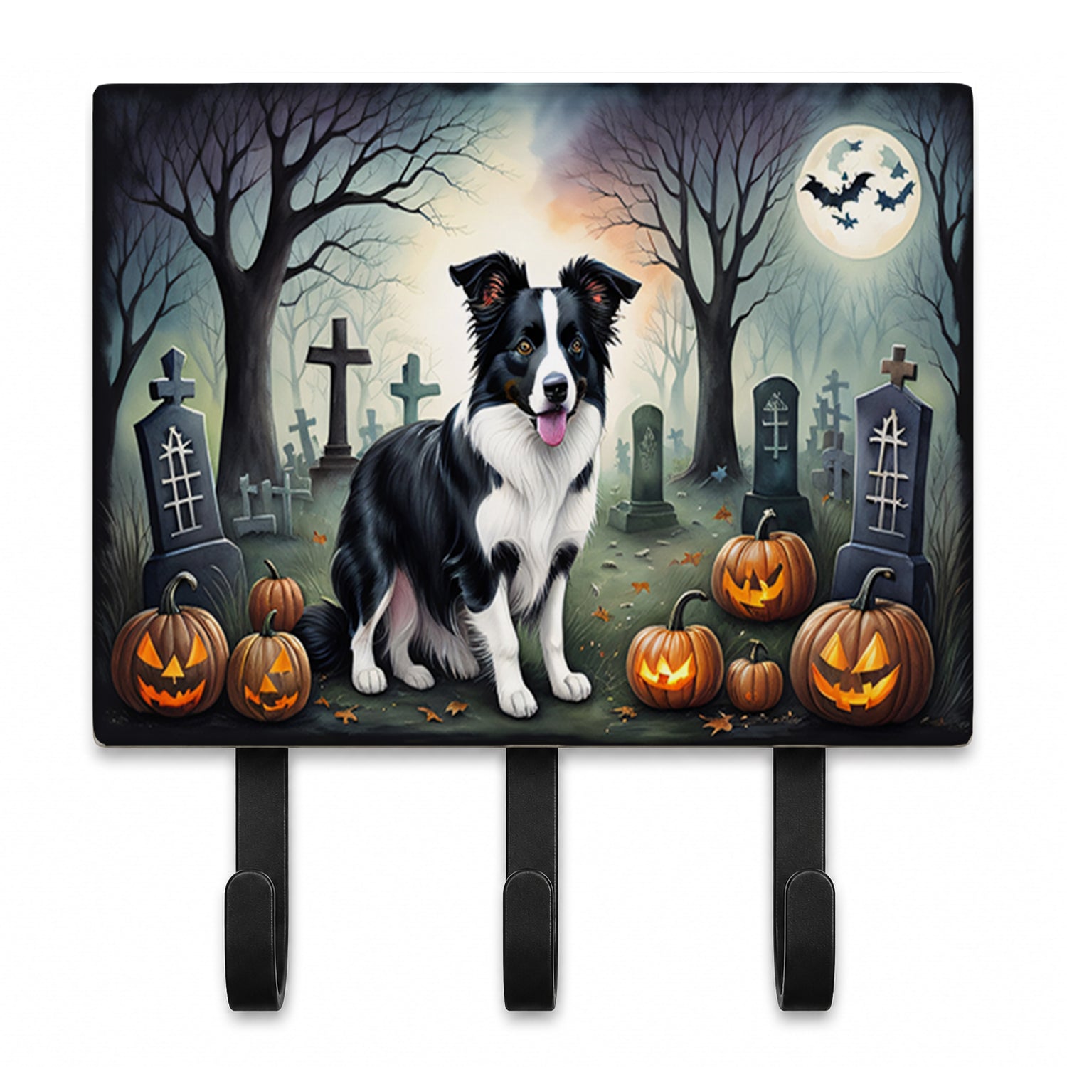 Border Collie Spooky Halloween Leash or Key Holder Wall Hooks, Coat Rack Wall Mount, for Hanging Keys, Towels, Aprons, Leashes