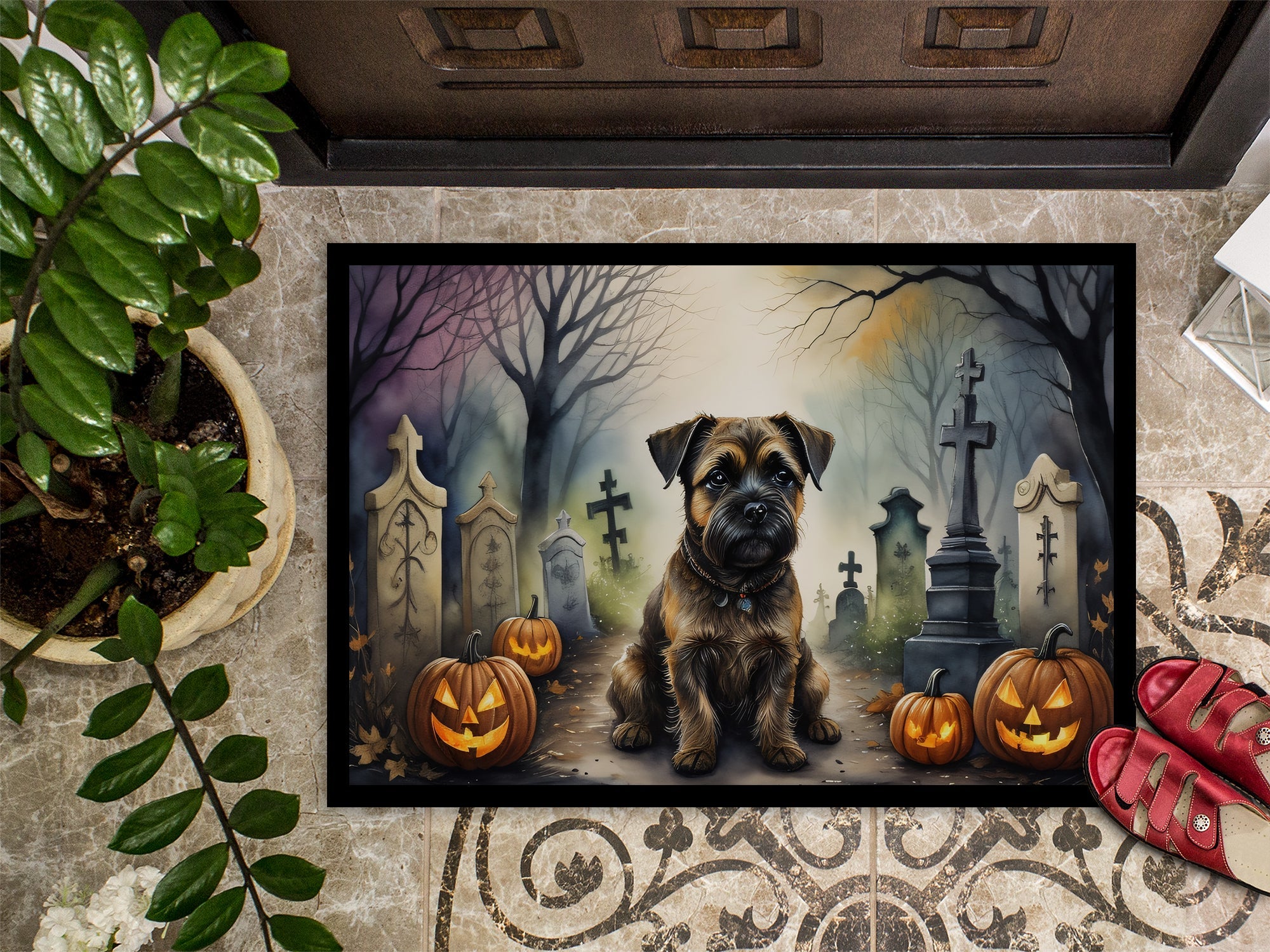 Border Terrier Spooky Halloween Doormat Indoor Outdoor 24H X 36W Front Door Mat Rugs for Entryway, Non Slip Washable Low Pile,