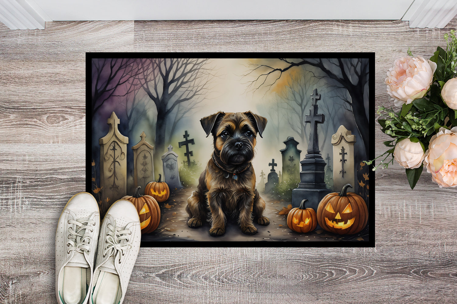 Border Terrier Spooky Halloween Doormat Indoor Outdoor 18H X 27W Front Door Mat Rugs for Entryway, Non Slip Washable