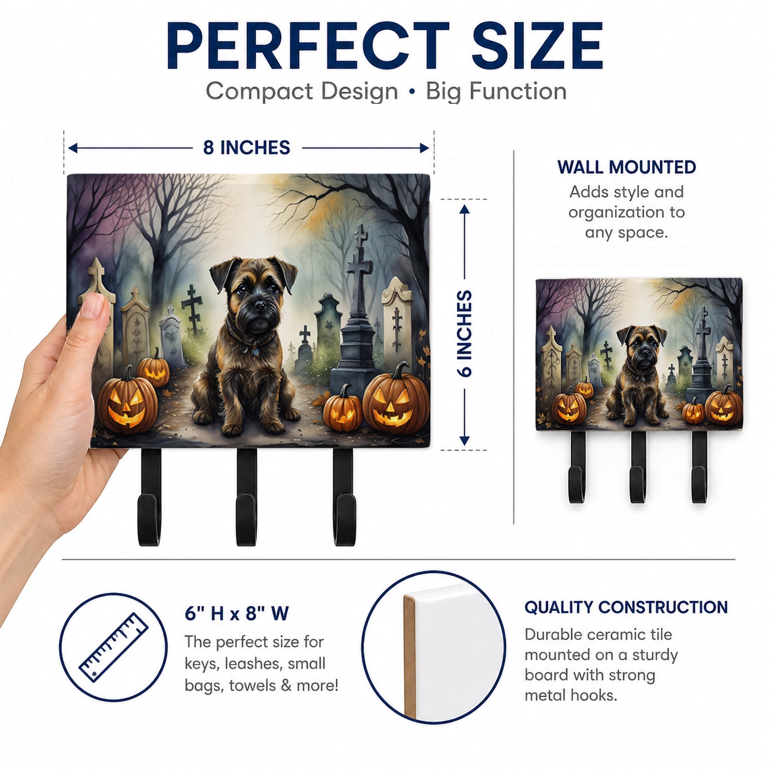 Border Terrier Spooky Halloween Leash or Key Holder Wall Hooks, Coat Rack Wall Mount, for Hanging Keys, Towels, Aprons, Leashes