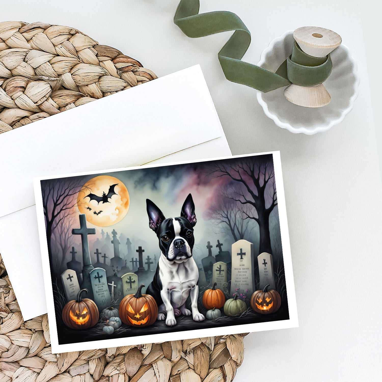 Boston Terrier Spooky Halloween Greeting Cards Pack of 8 Blank Cards with Envelopes Whimsical A7 Size 5x7