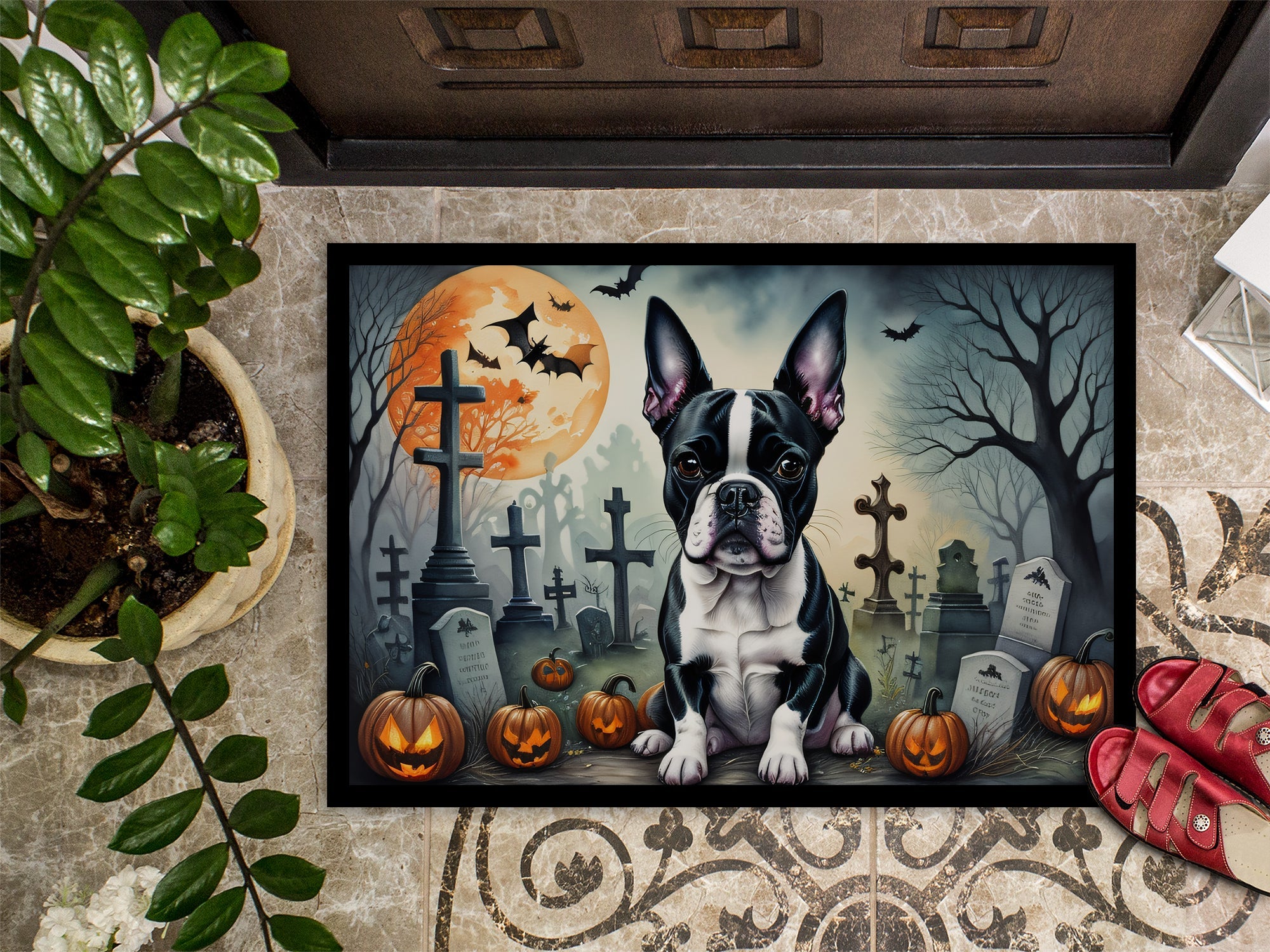 Boston Terrier Spooky Halloween Doormat Indoor Outdoor 24H X 36W Front Door Mat Rugs for Entryway, Non Slip Washable Low Pile,