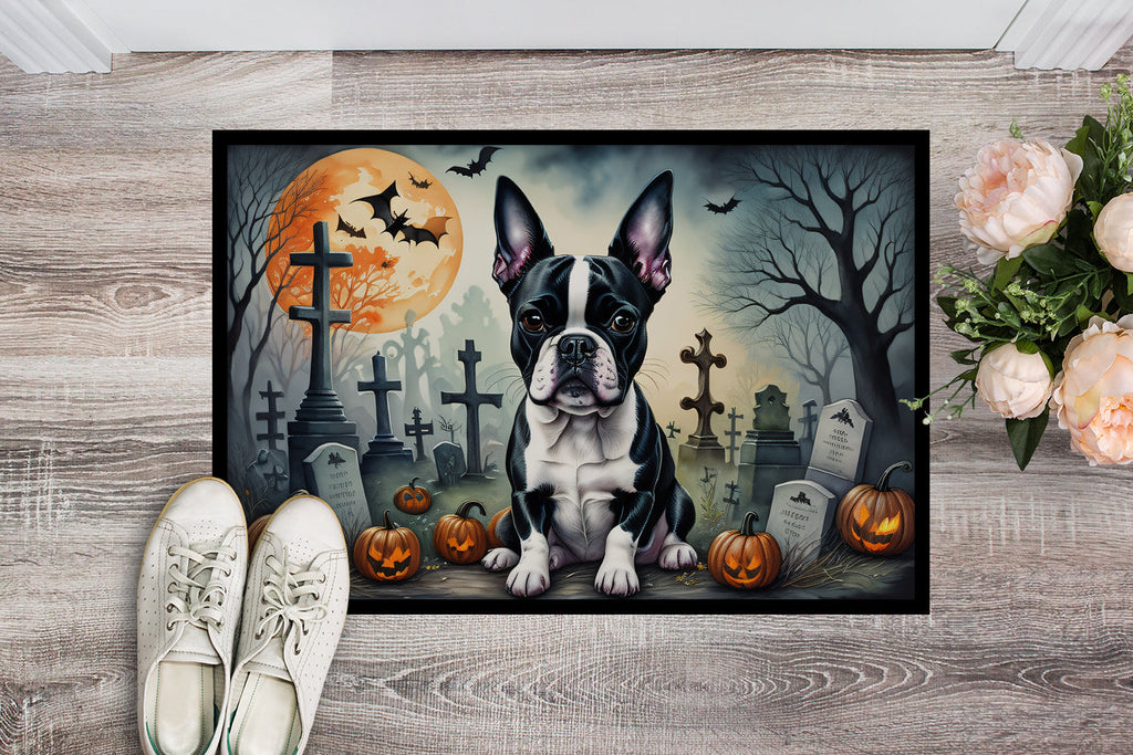 Boston Terrier Spooky Halloween Doormat Indoor Outdoor 18H X 27W Front Door Mat Rugs for Entryway, Non Slip Washable
