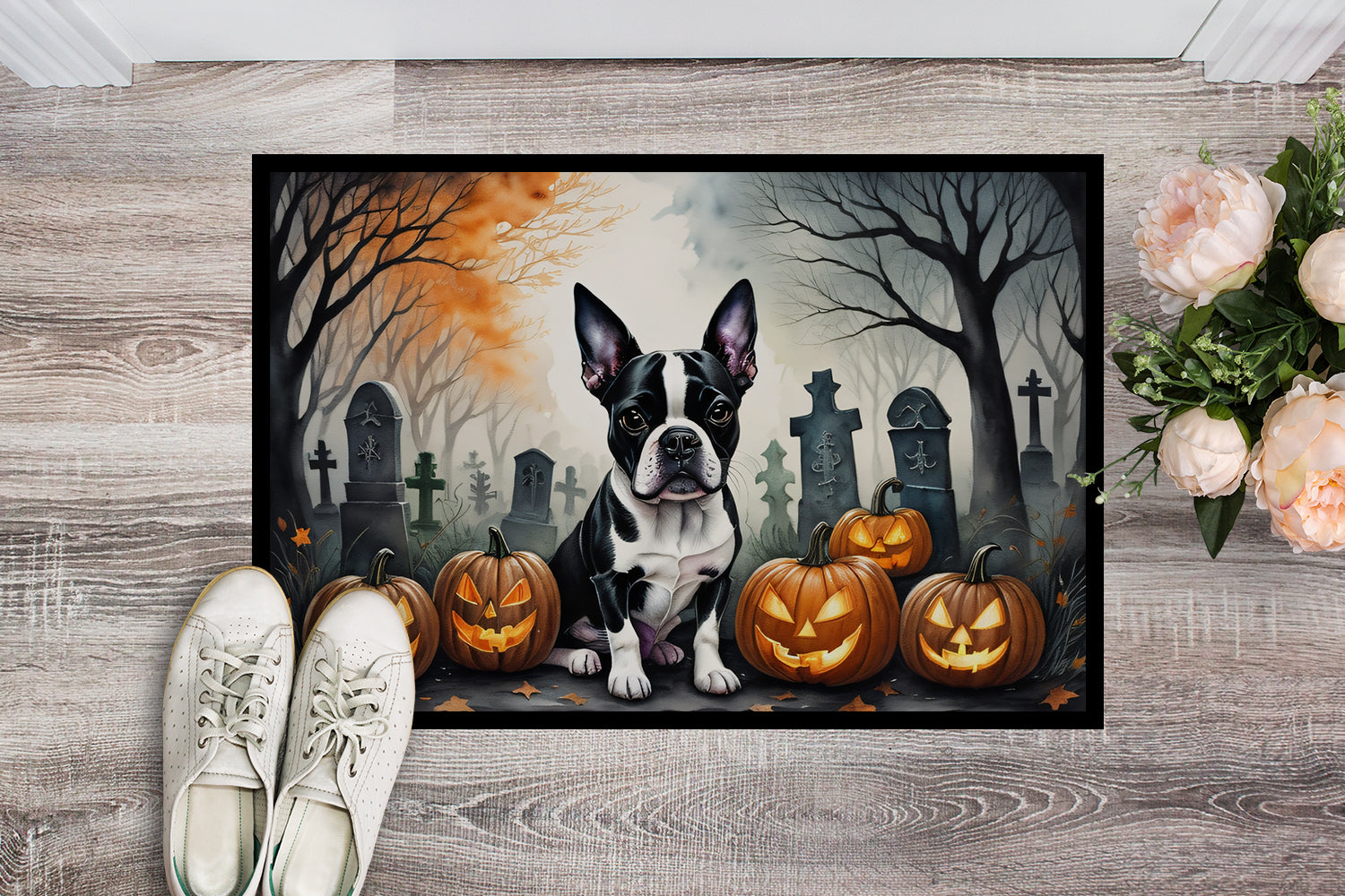 Boston Terrier Spooky Halloween Doormat Indoor Outdoor 24H X 36W Front Door Mat Rugs for Entryway, Non Slip Washable Low Pile,