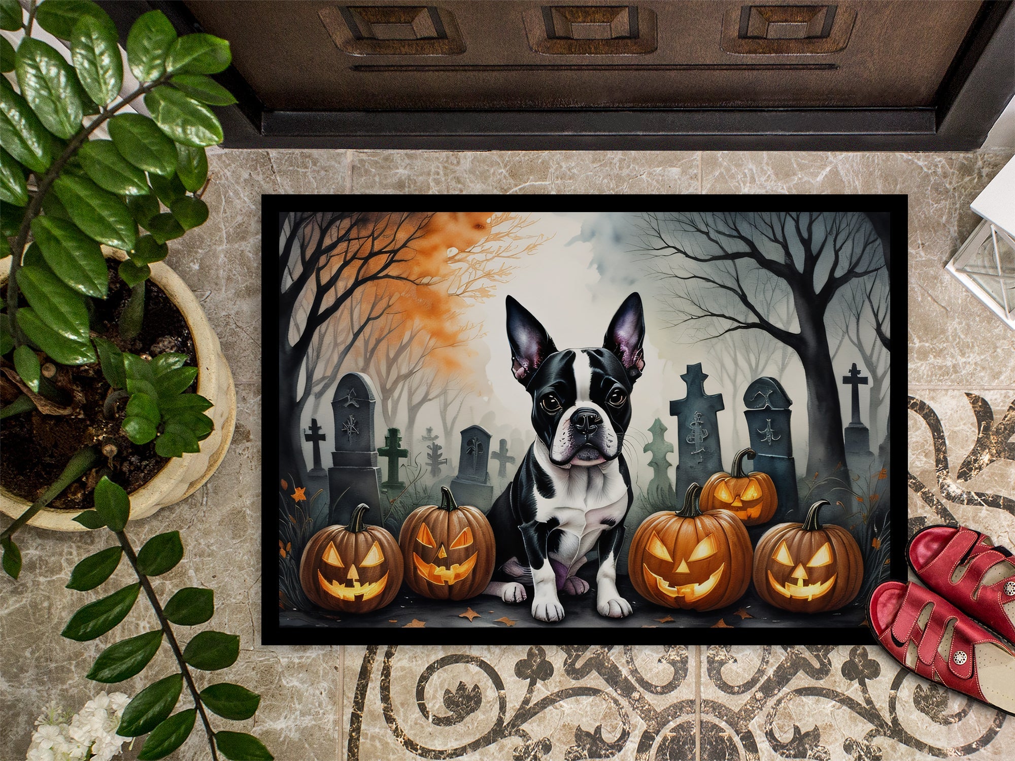 Boston Terrier Spooky Halloween Doormat Indoor Outdoor 24H X 36W Front Door Mat Rugs for Entryway, Non Slip Washable Low Pile,