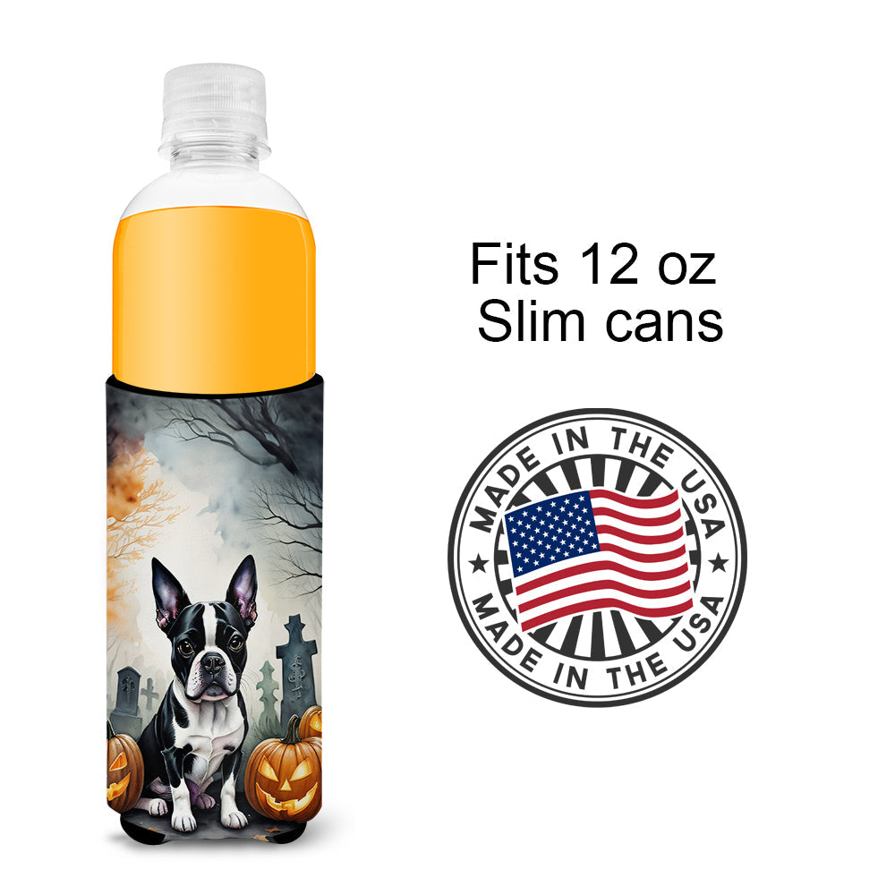 Boston Terrier Spooky Halloween Slim Can Hugger , Insulated Foam Hugger for 12 oz Slim Cans, Beer Bottles & Water Bottles, Printed in USA