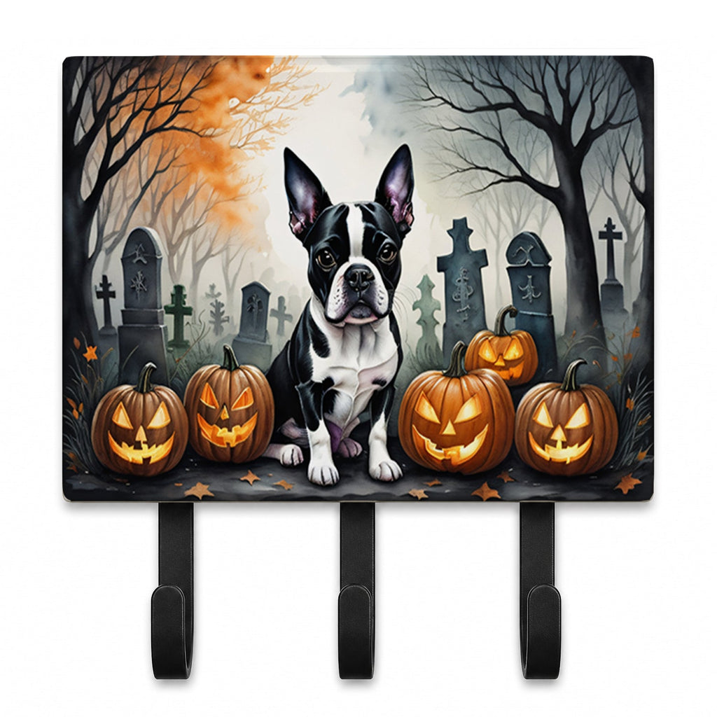 Boston Terrier Spooky Halloween Leash or Key Holder Wall Hooks, Coat Rack Wall Mount, for Hanging Keys, Towels, Aprons, Leashes