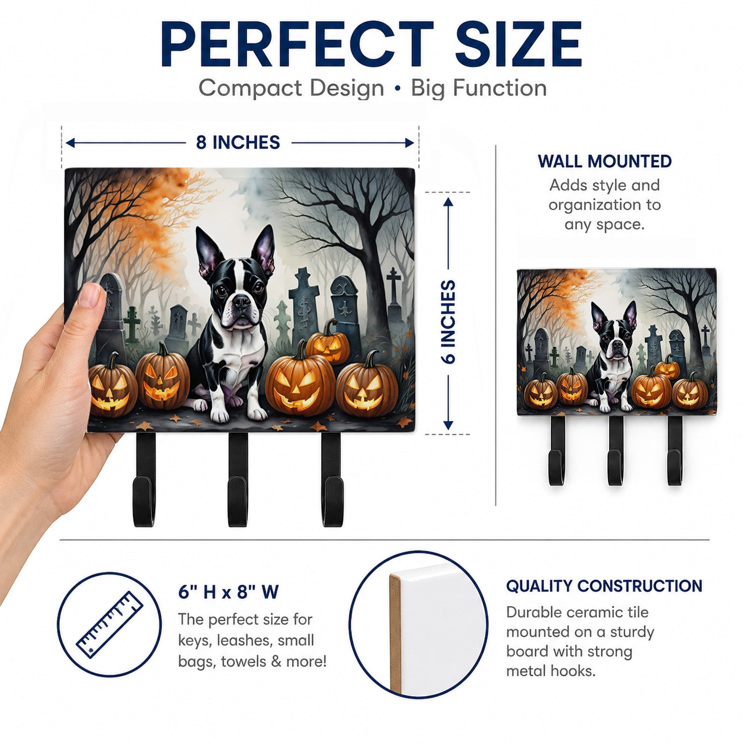 Boston Terrier Spooky Halloween Leash or Key Holder Wall Hooks, Coat Rack Wall Mount, for Hanging Keys, Towels, Aprons, Leashes